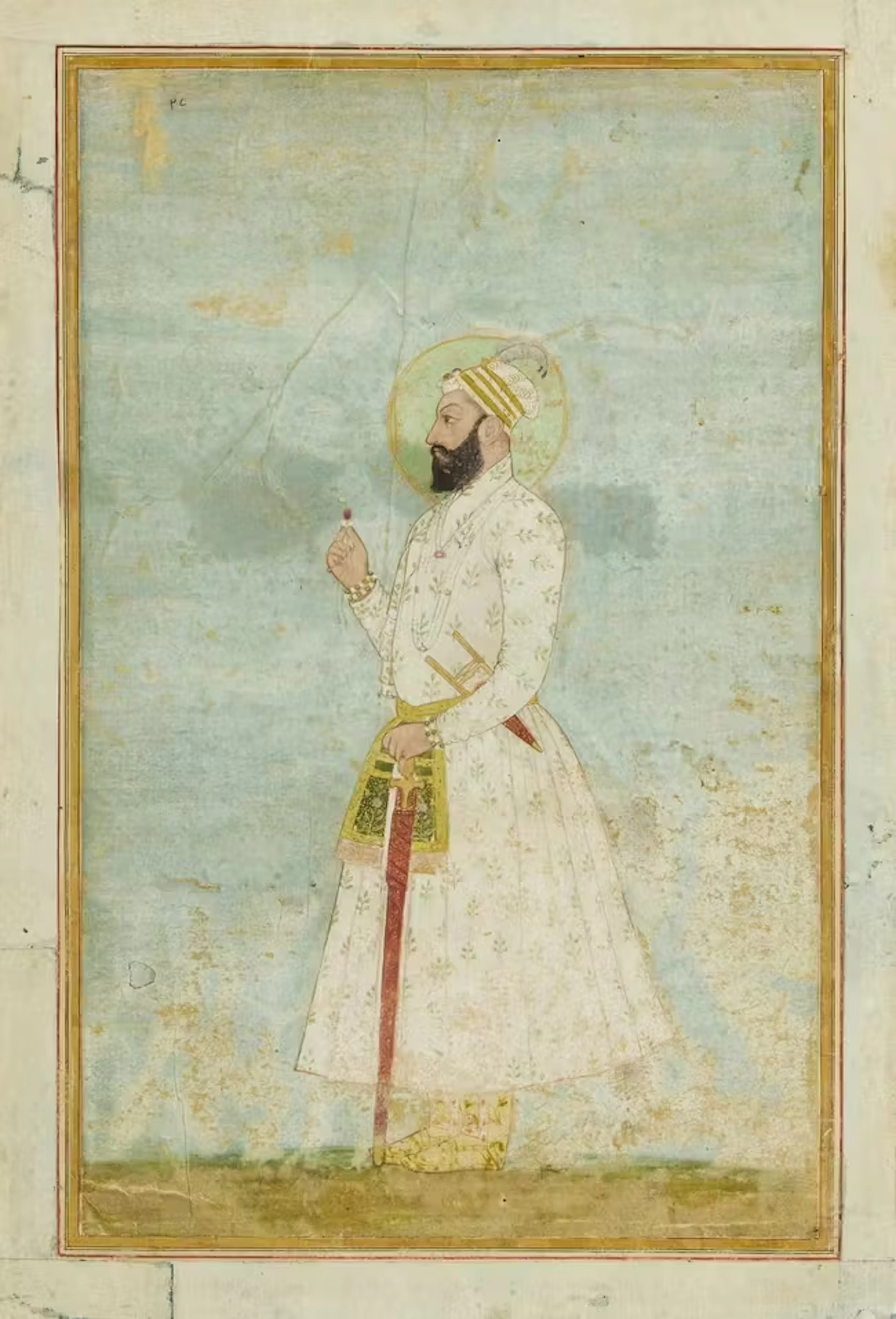 Two standing portraits of haloed noblemen