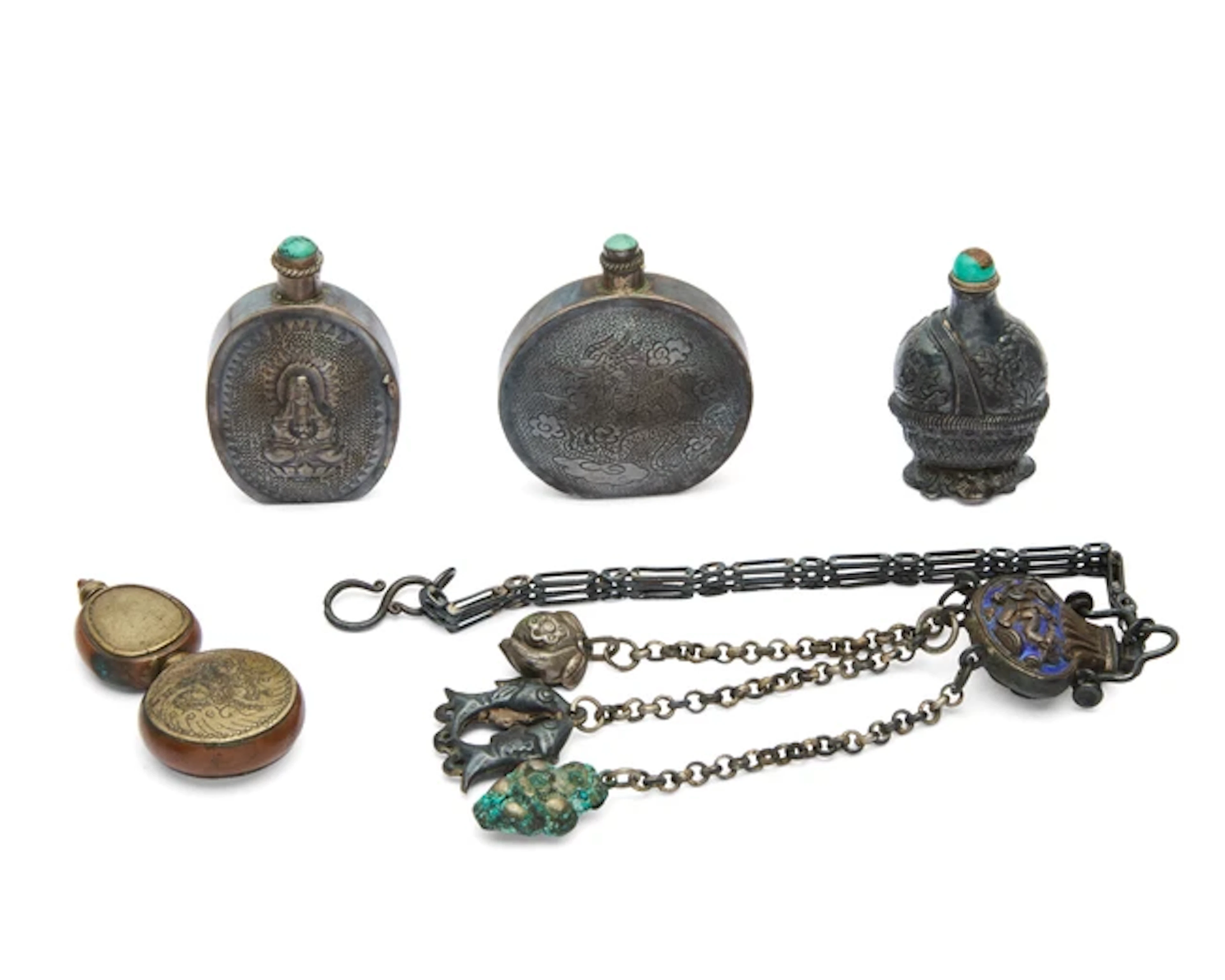 Three Chinese silver snuff bottles and two copper-alloy...