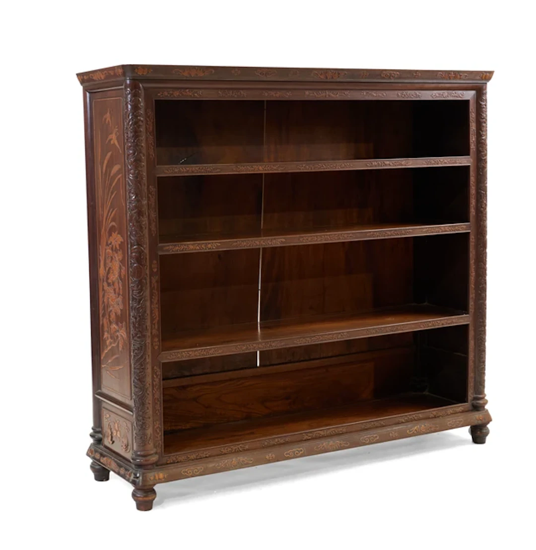 A Chinese inlaid carved hardwood open bookcase