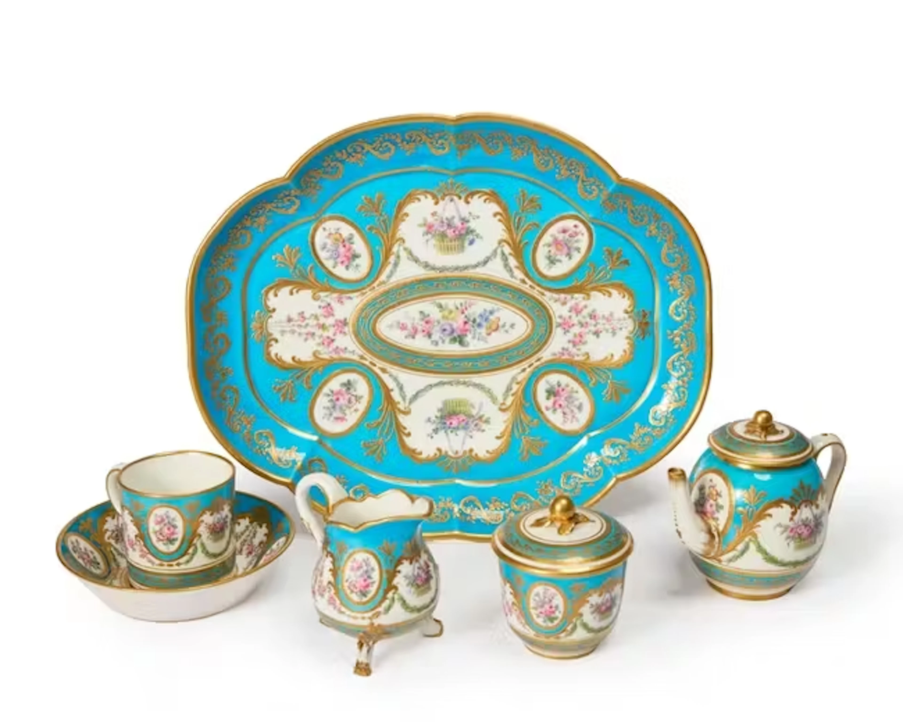 A Sèvres porcelain later-decorated bleu céleste ground solitaire