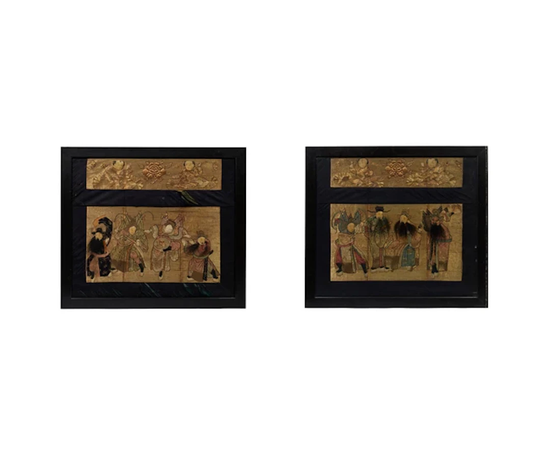 A pair of Chinese silk embroidered opera hanging panels...