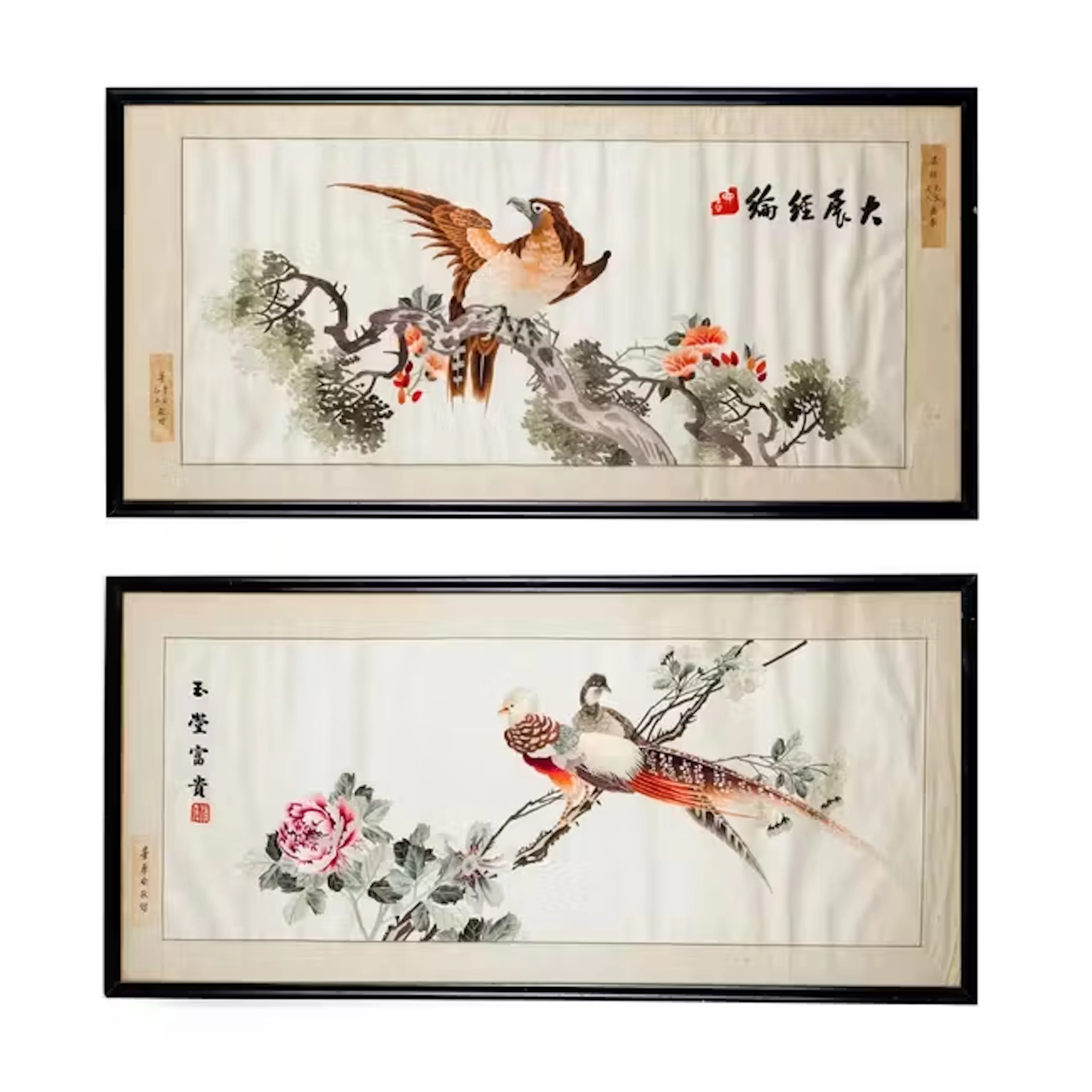 A pair of Chinese silk embroideries of birds 20th century...
