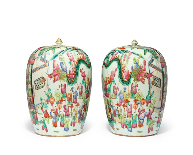 A pair of Chinese famille rose 'hundred boys' jars and...