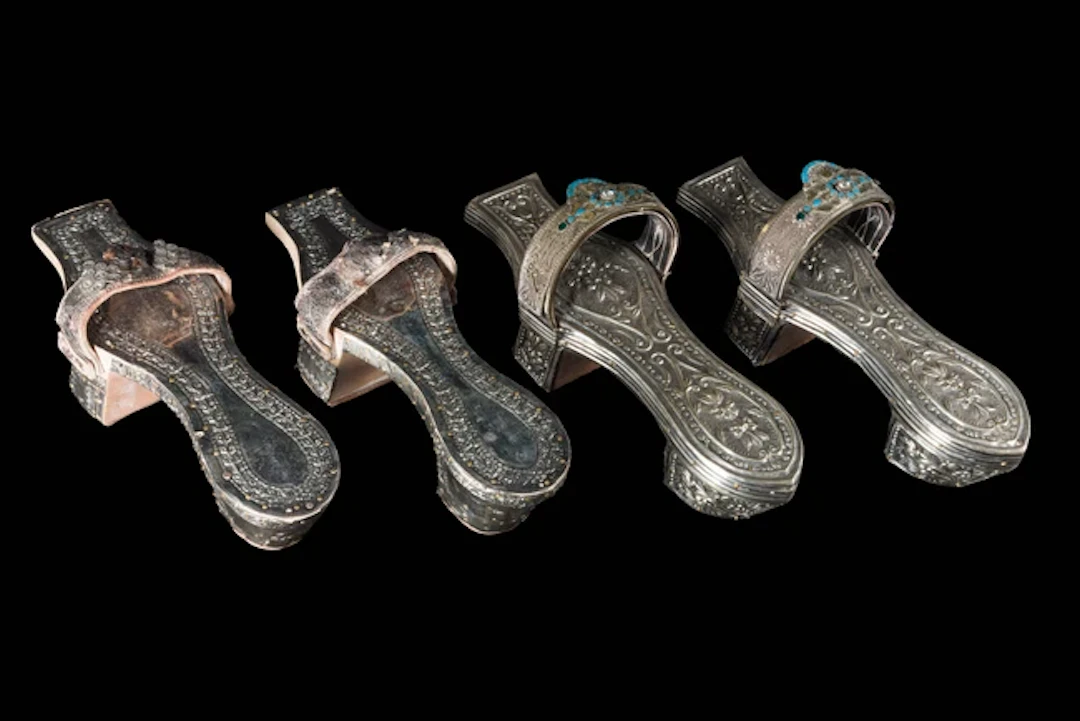 Two pairs of Ottoman wood and silver-sheet hammam shoes