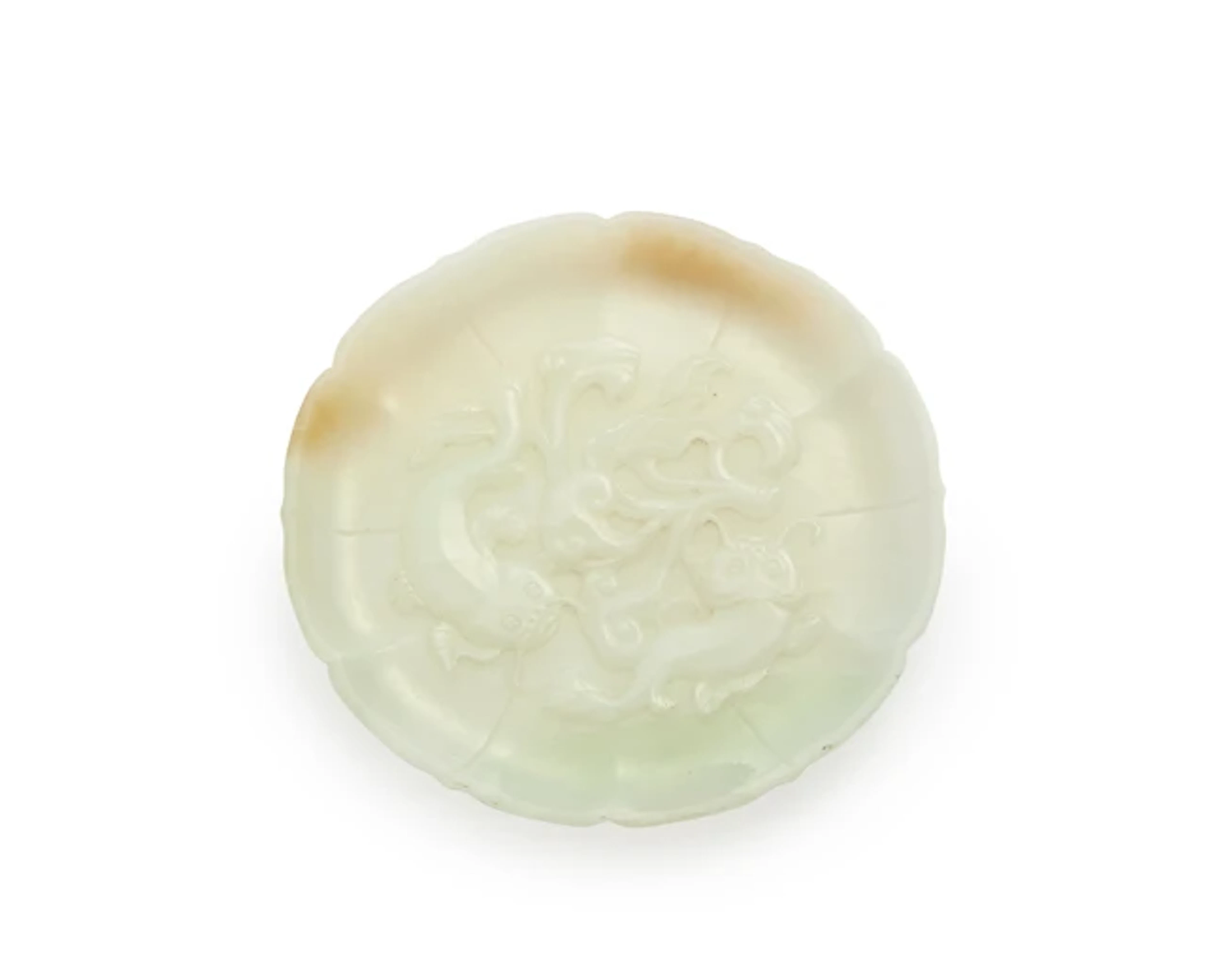 A Chinese white jade 'carps and lingzhi' dish Mid-20th century