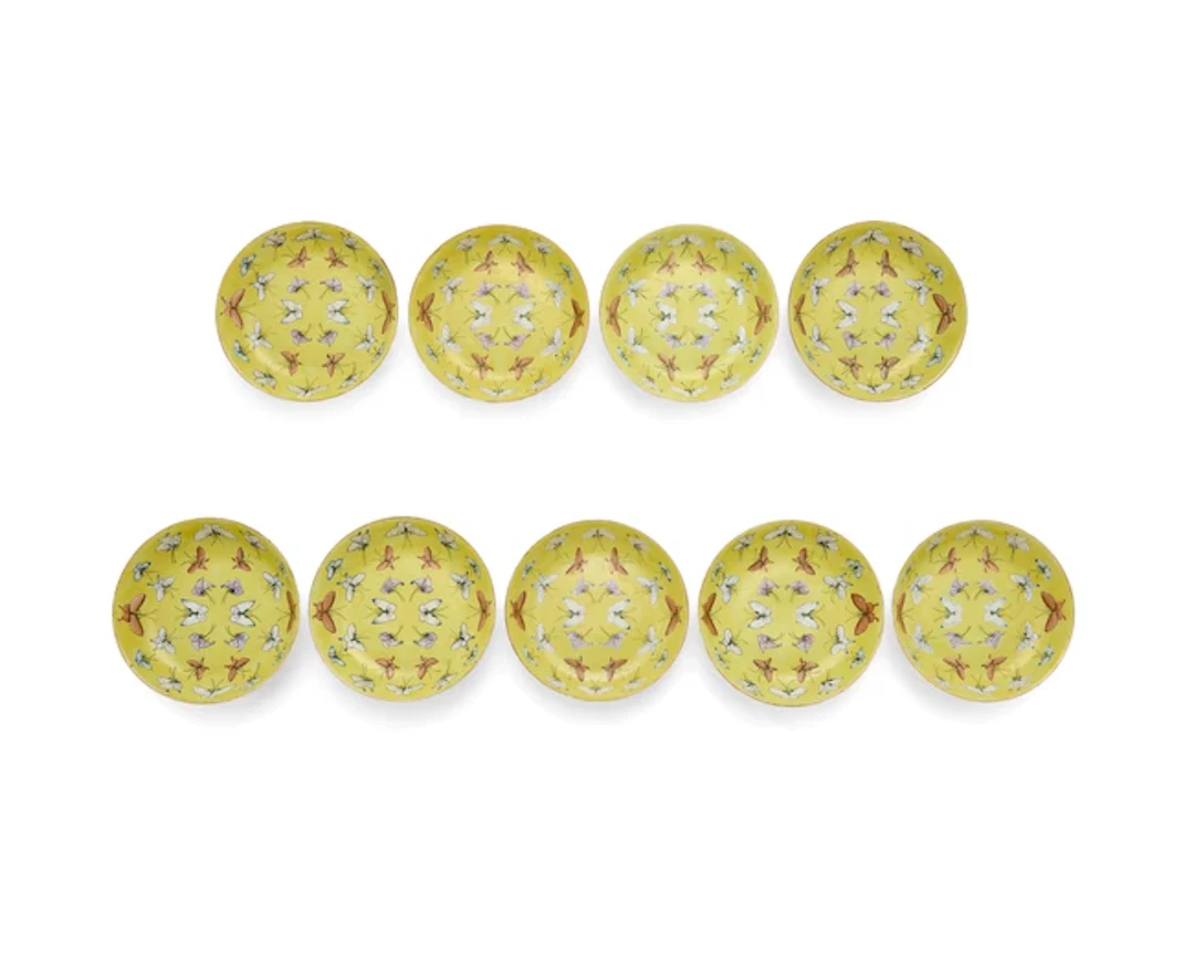Nine Chinese famille rose yellow-ground ‘butterfly’ dishes Republic period