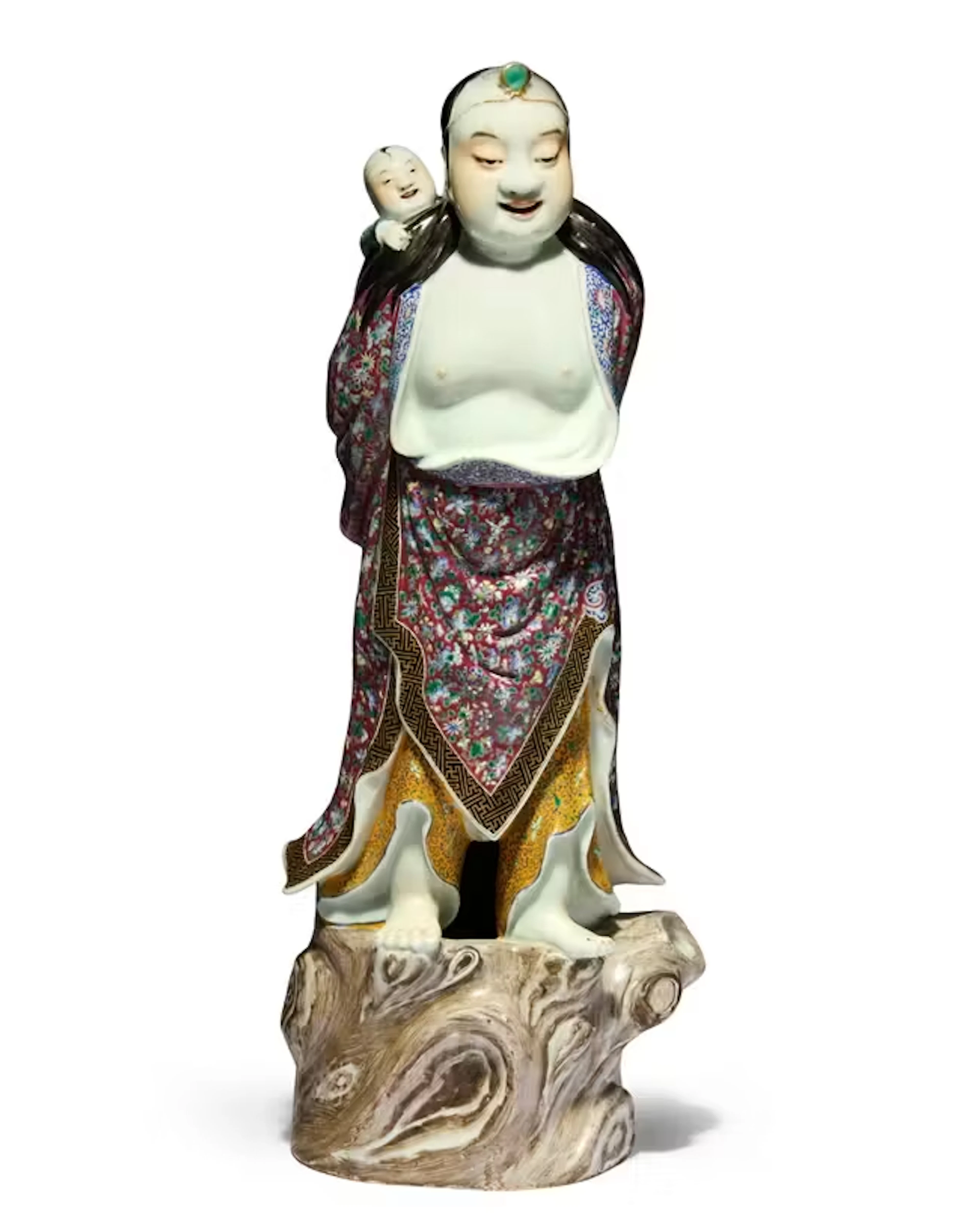 A Chinese famille rose 'Liuhai and boy' piggy-back group...
