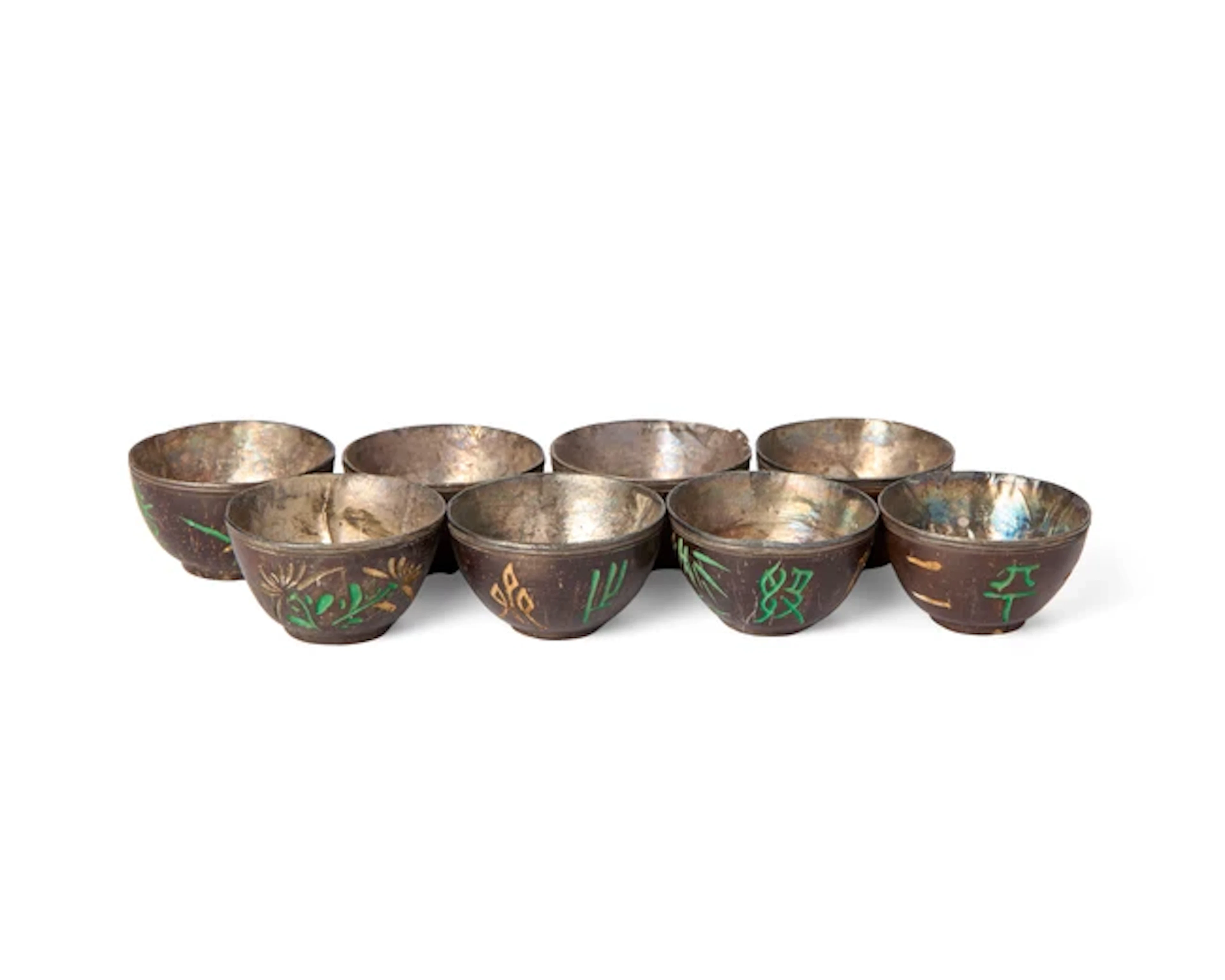 Eight Chinese carved coconut wine cups Qing dynasty