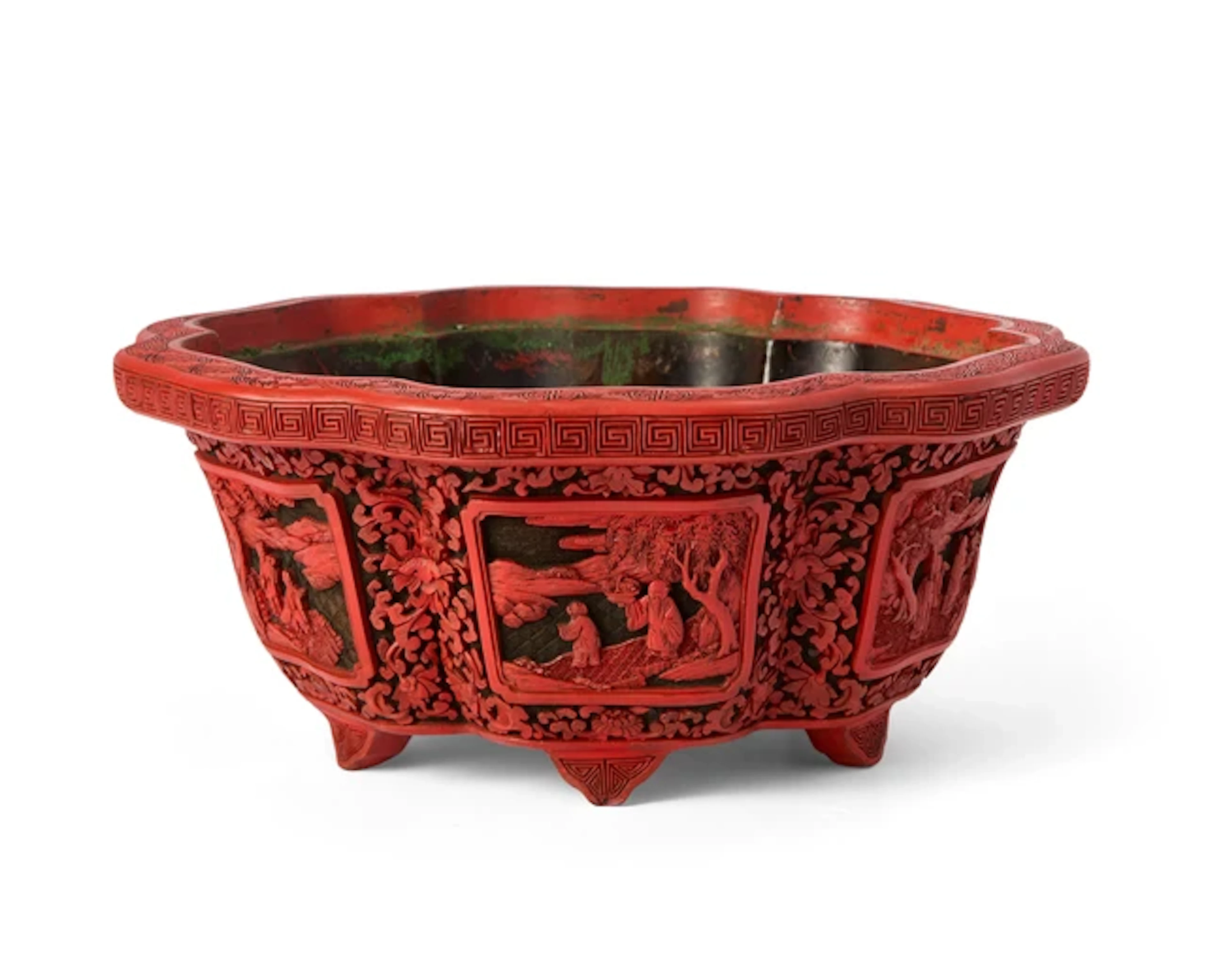 A Chinese carved two-colour lacquer hexagonal floriform jardiniere Qing dynasty
