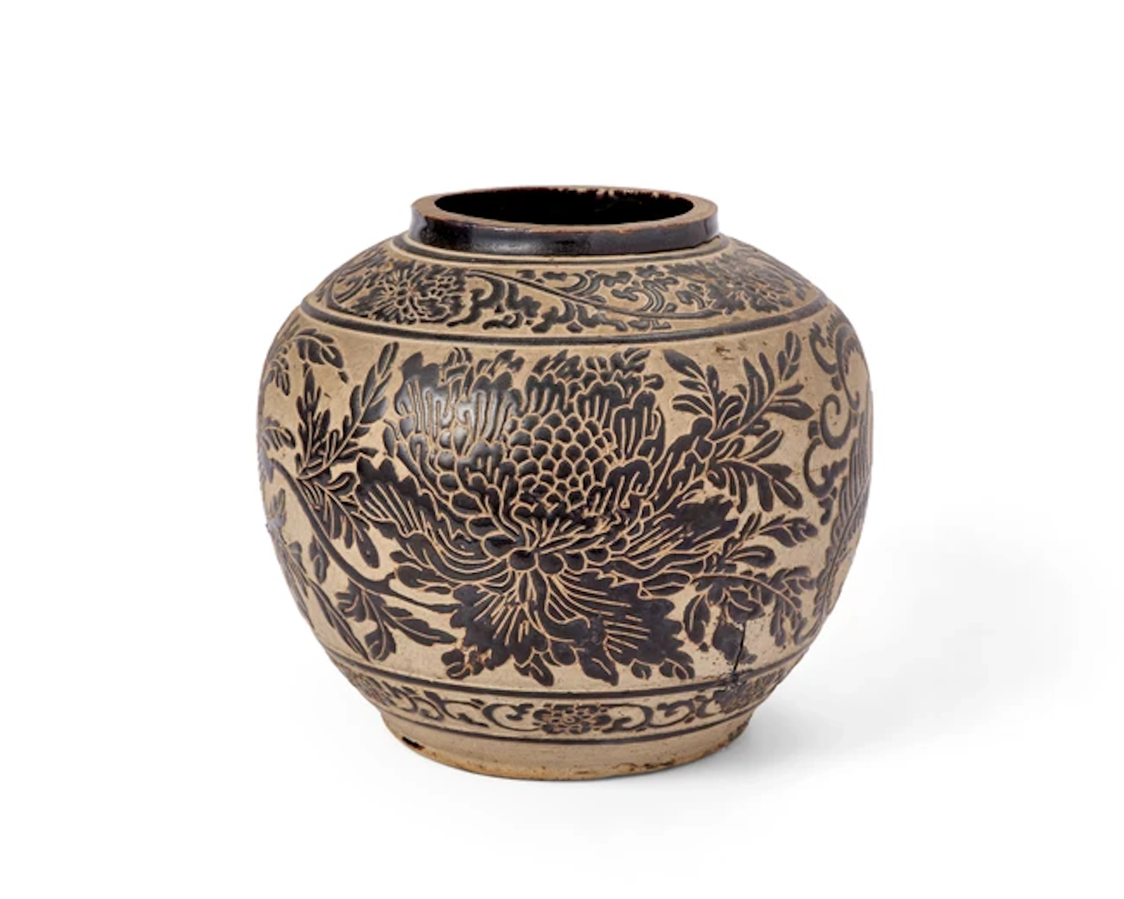 A Chinese Cizhou sgraffiato ‘peony’ jar Yuan dynasty 21.5cm high