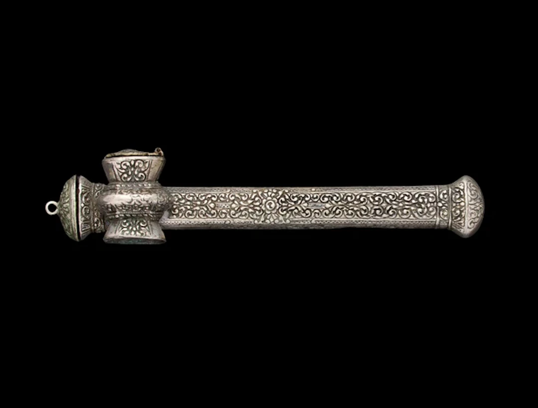 A provincial Ottoman silvered pen case and inkwell (divit)