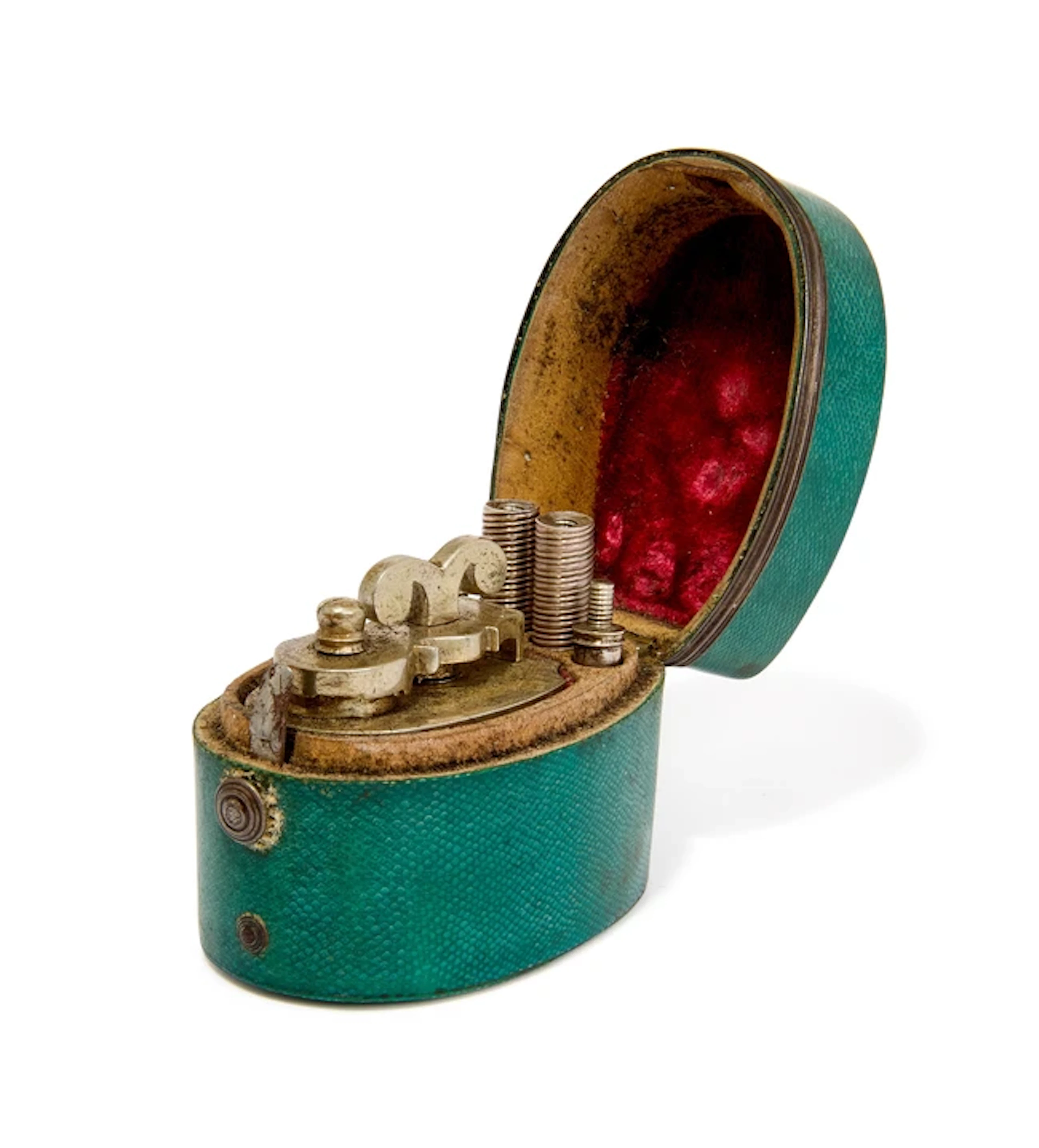 An English white-metal mounted shagreen travelling writing set