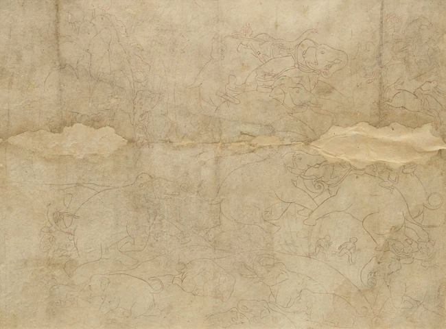 A large preparatory drawing of rounding up a wild elephants,Possibly Kotah