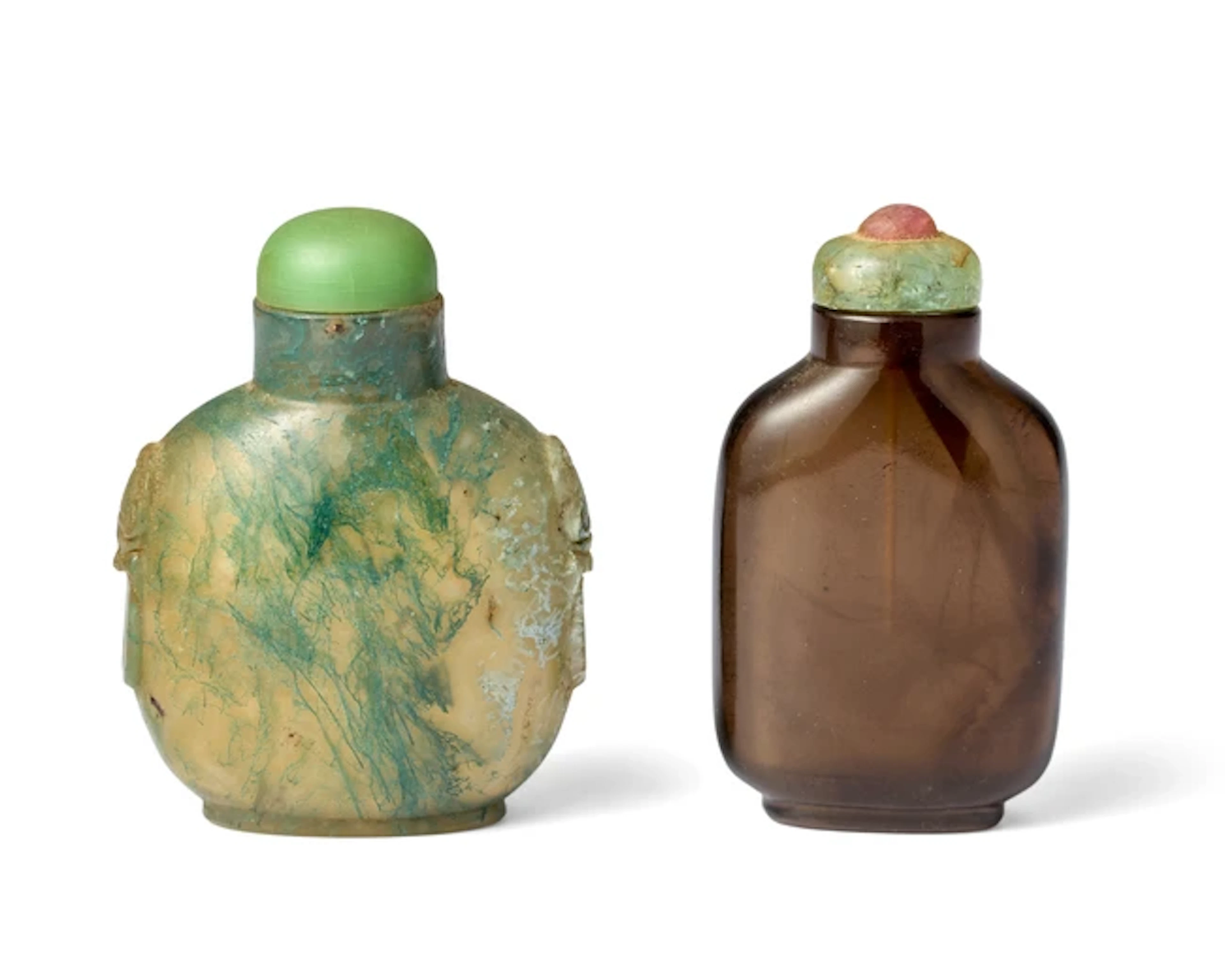 A Chinese moss agate snuff bottle and a smoky quartz snuff bottle Qing dynasty
