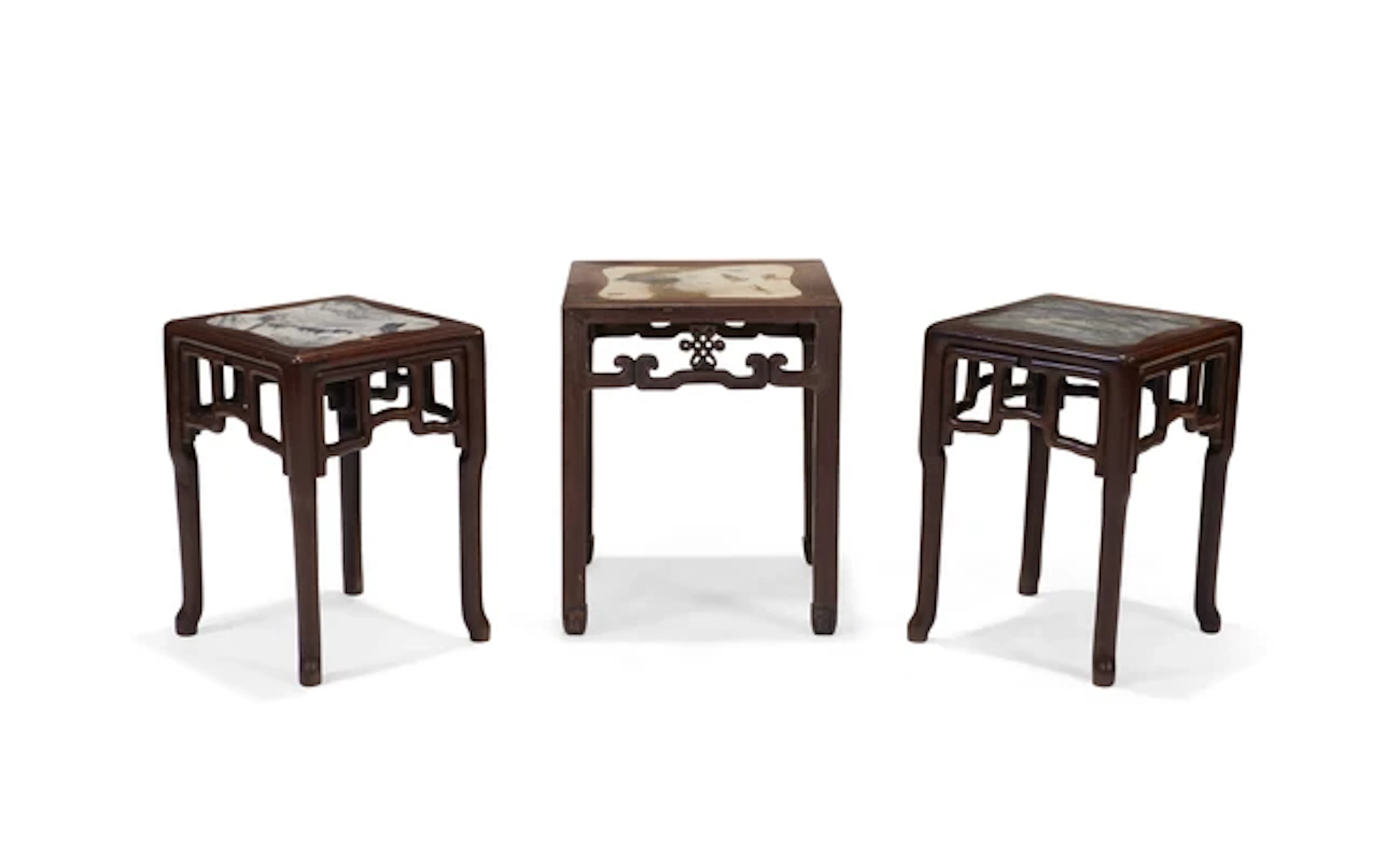 Three Chinese marble-inlaid Hongmu incense stands