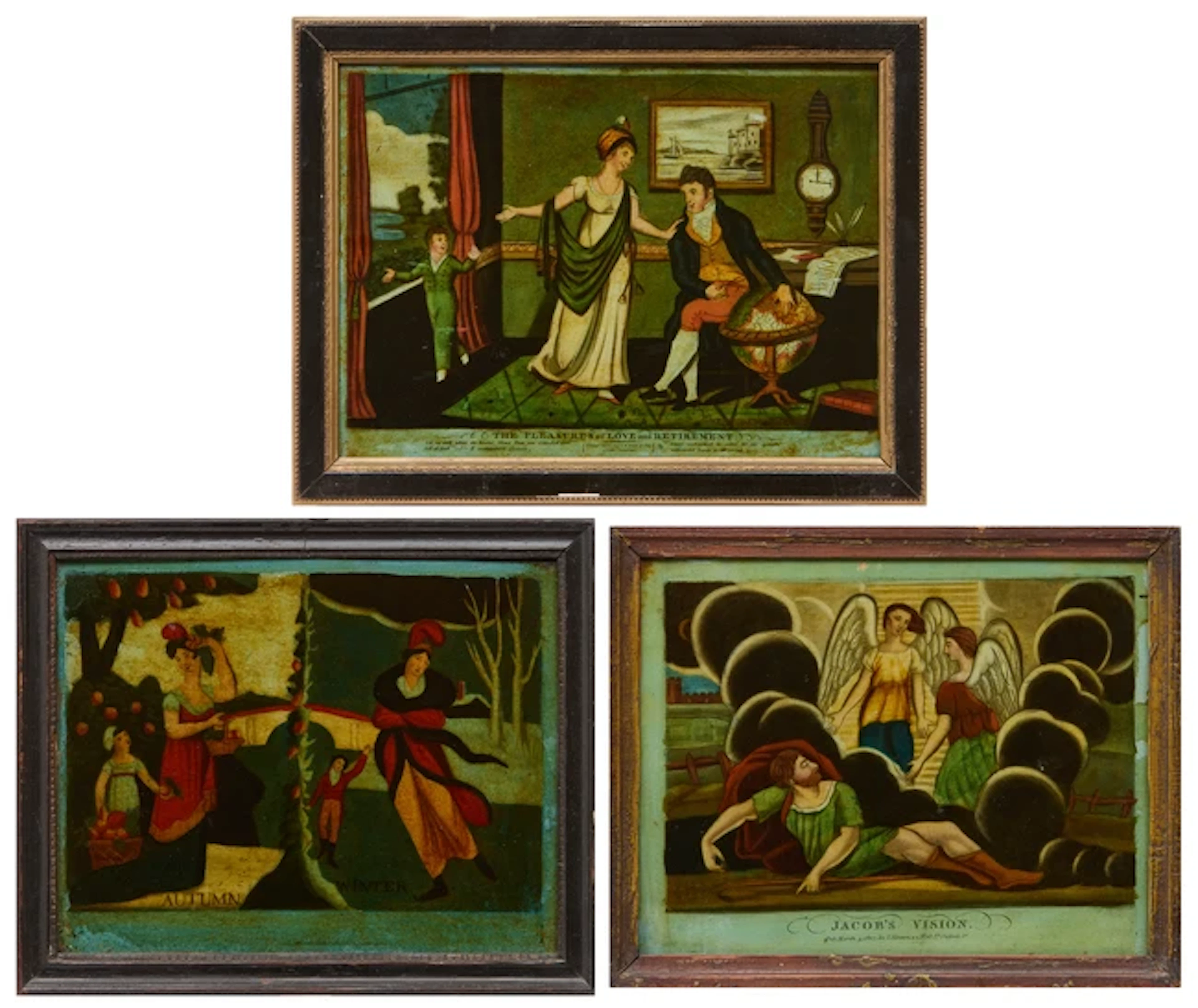 Three Regency reverse glass mezzotints