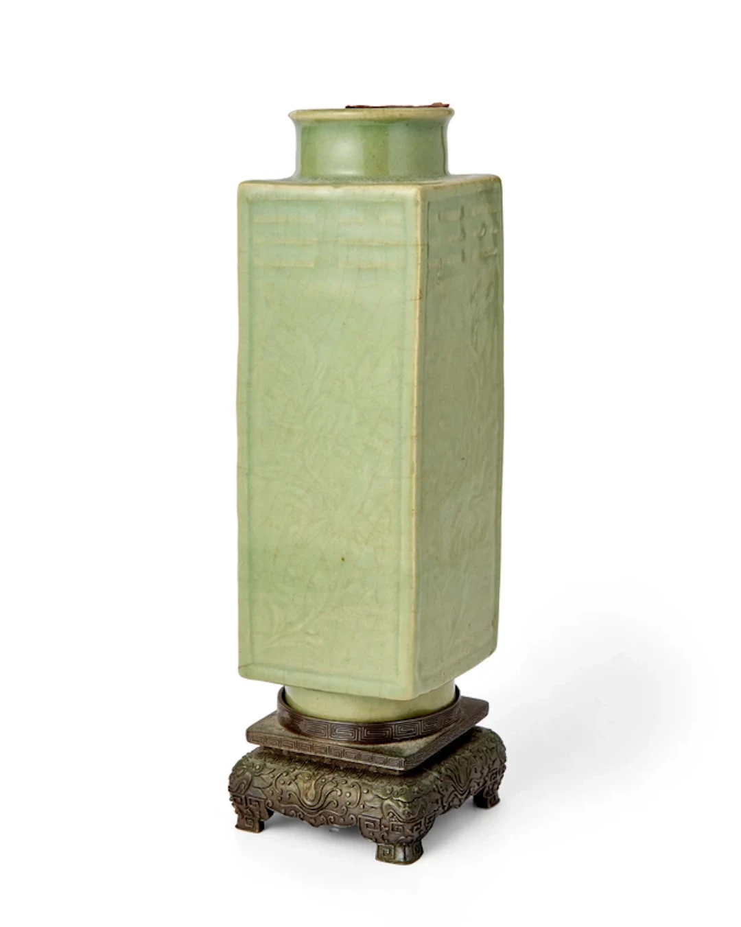 A Chinese Longquan celadon glazed 'Eight Trigrams' square vase