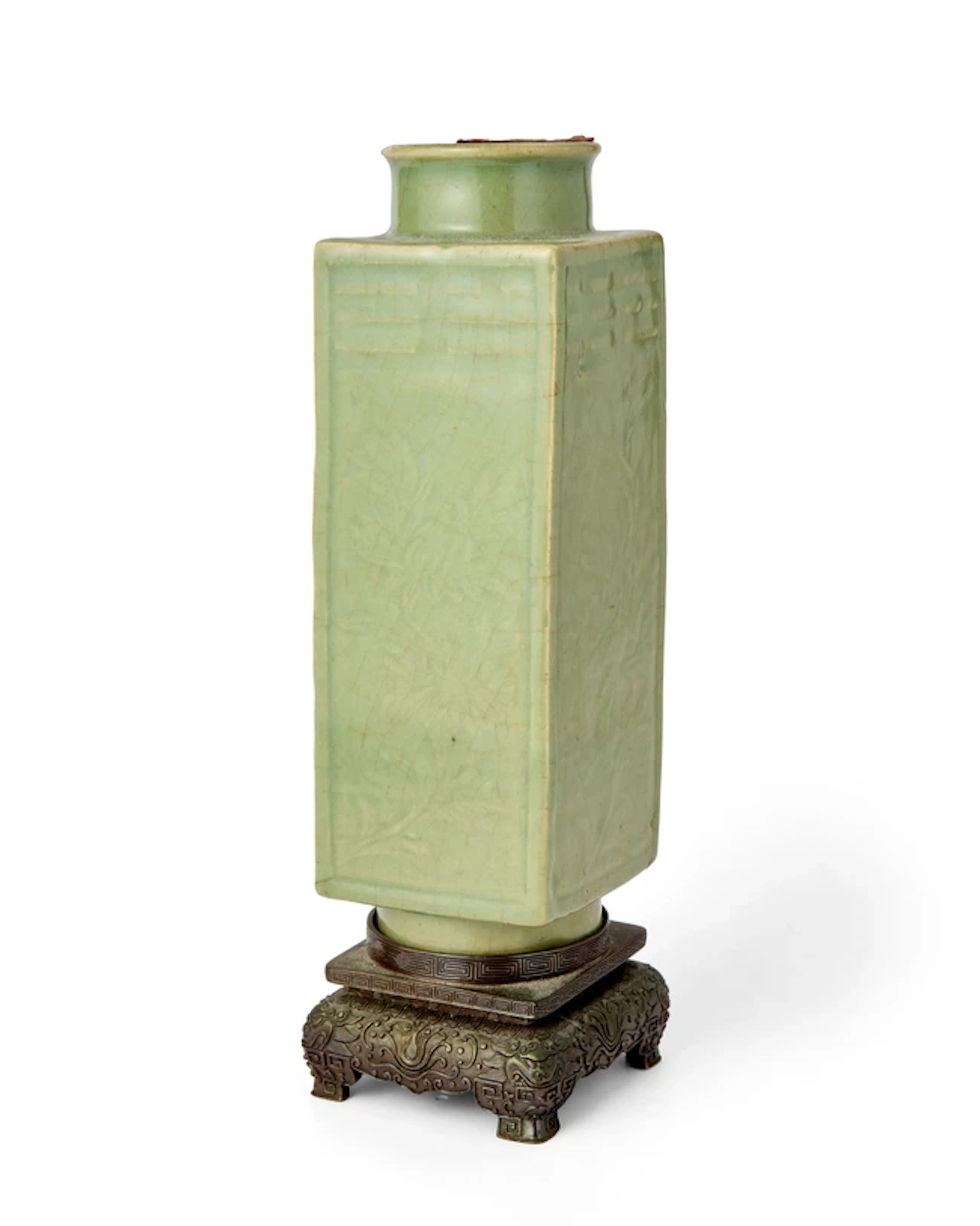 A Chinese Longquan celadon glazed 'Eight Trigrams' square vase