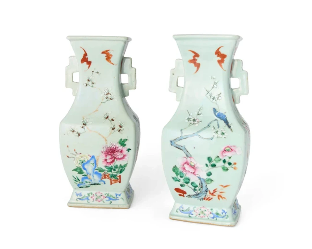 A pair of Chinese famille rose square section baluster vases Qing dynasty