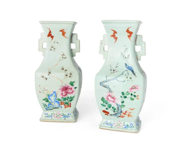 A pair of Chinese famille rose square section baluster vases Qing dynasty