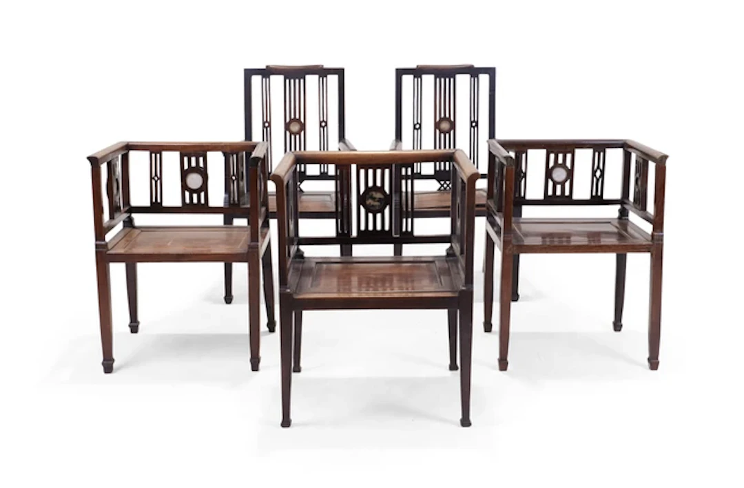 Five Chinese hongmu stone-inset armchairs Republic period...