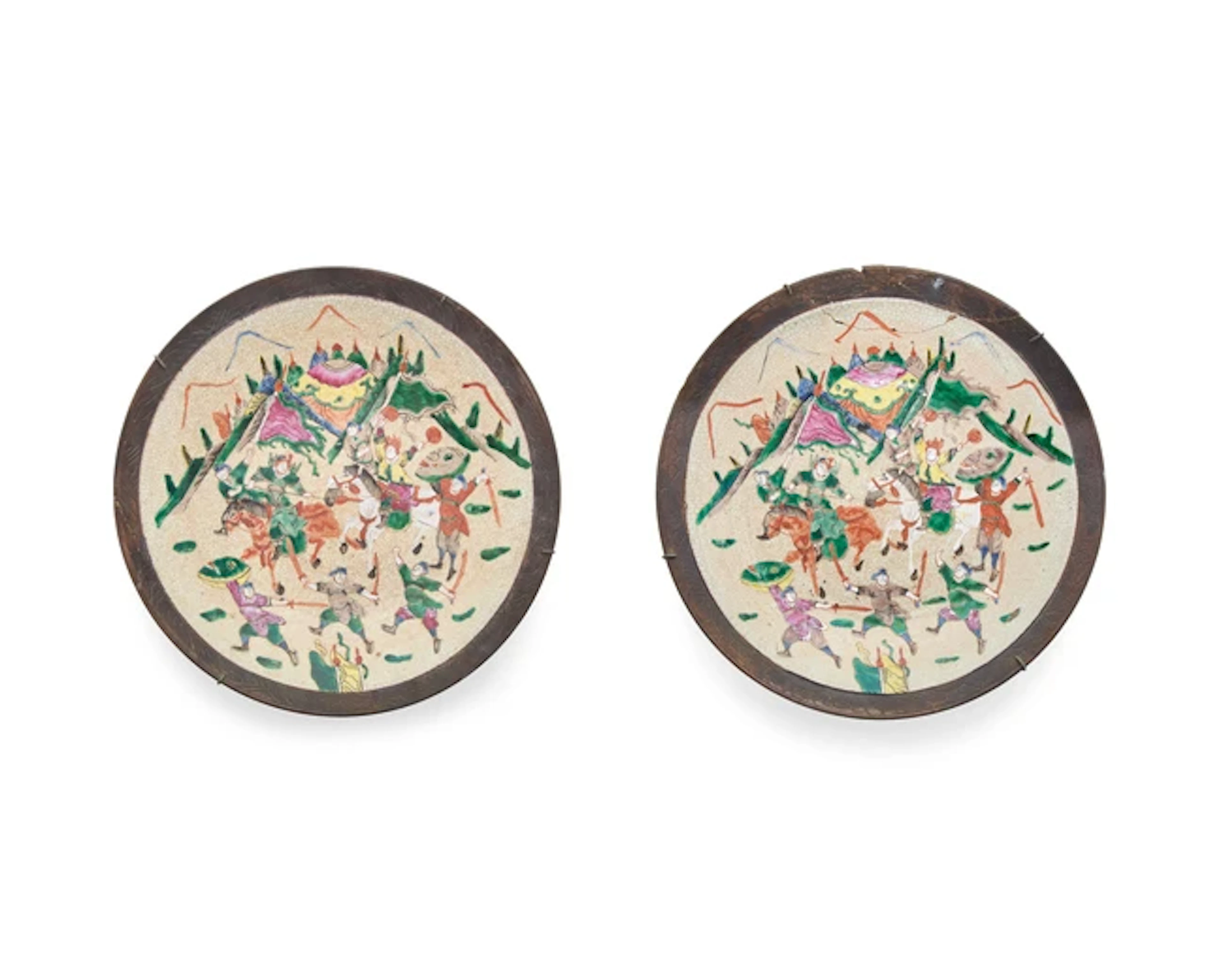A pair of Chinese famille verte 'warrior' dishes Late Qing dynasty