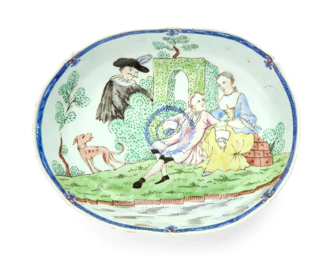 A Chinese blue and white clobbered 'figurative' dish Qing dynasty