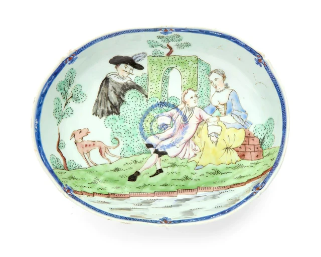 A Chinese blue and white clobbered 'figurative' dish Qing dynasty