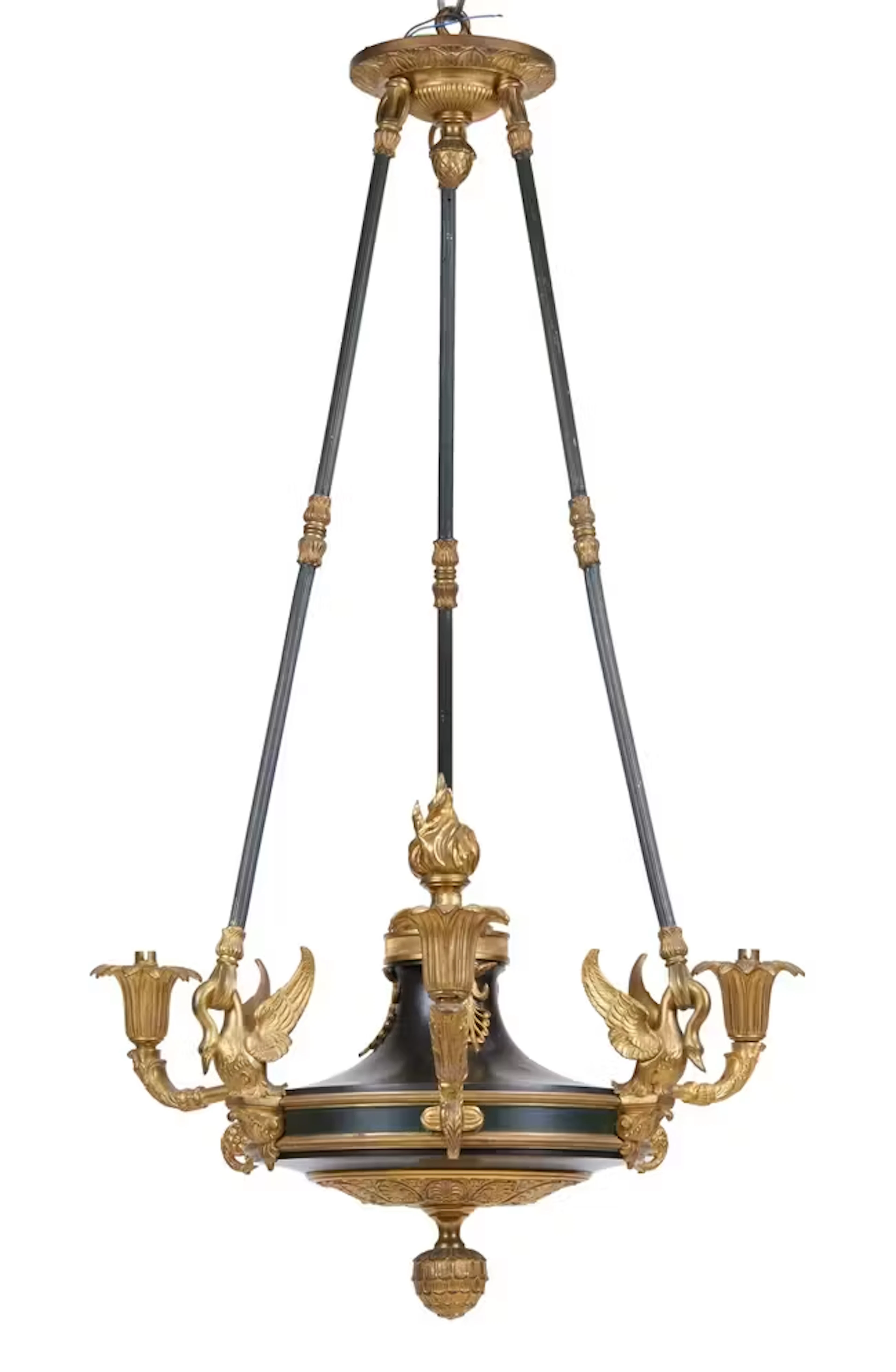 A French gilt and patinated bronze three-light chandelier
