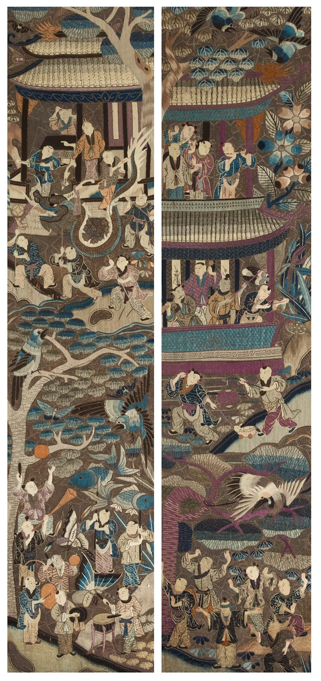 A pair of Chinese silk embroidered 'boys at play' hanging panels Qing dynasty