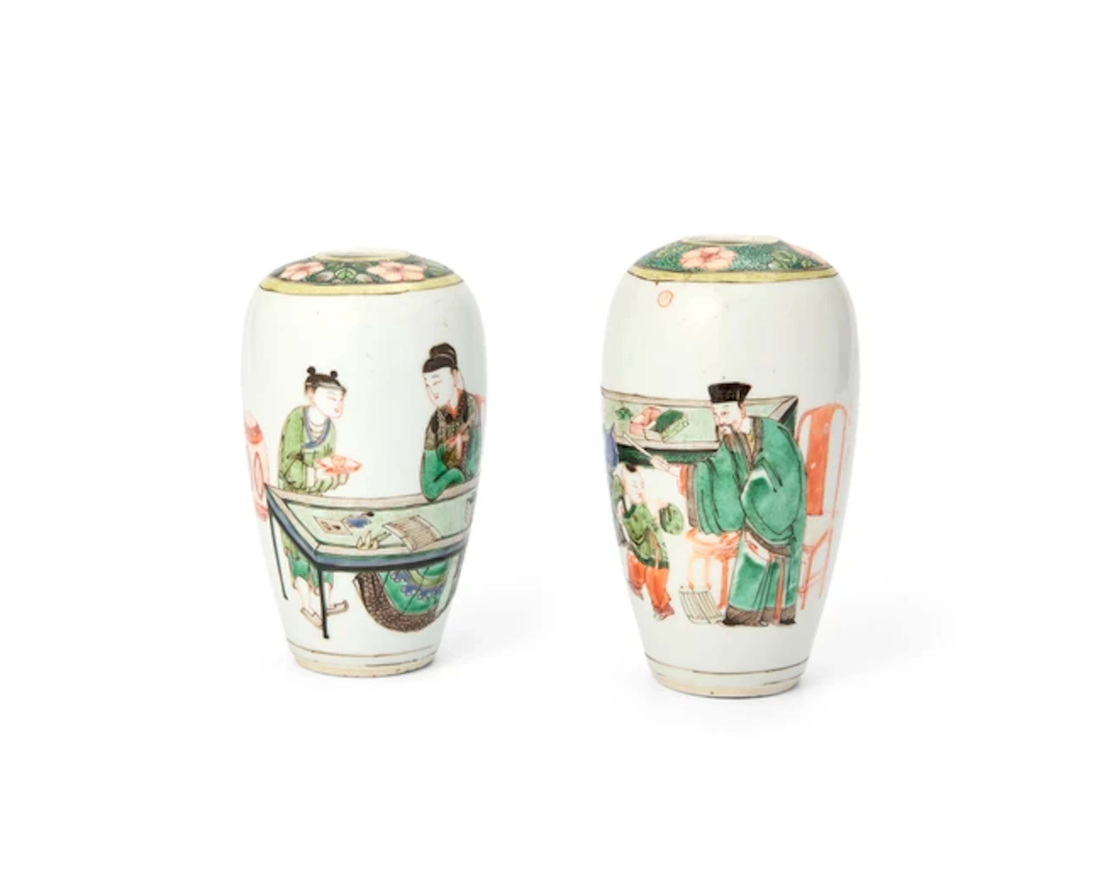 An associated pair of Chinese famille verte oviform vases Qing dynasty
