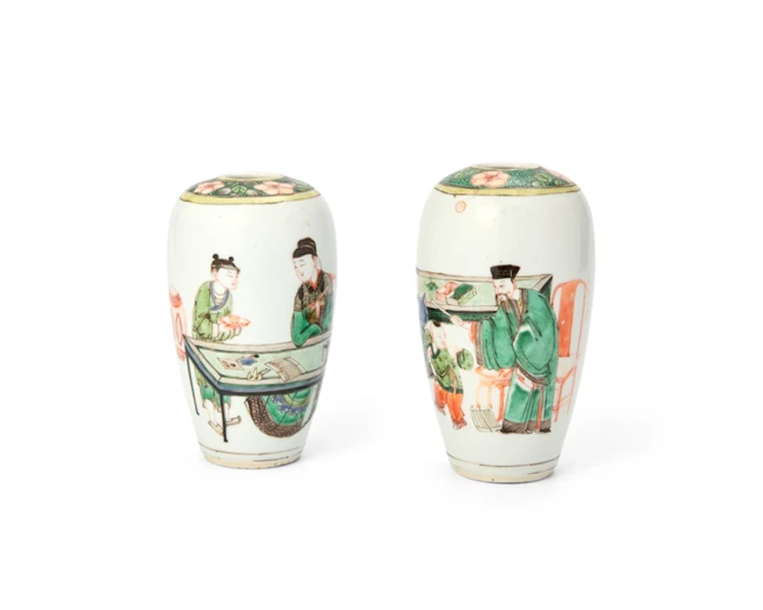 An associated pair of Chinese famille verte oviform vases Qing dynasty
