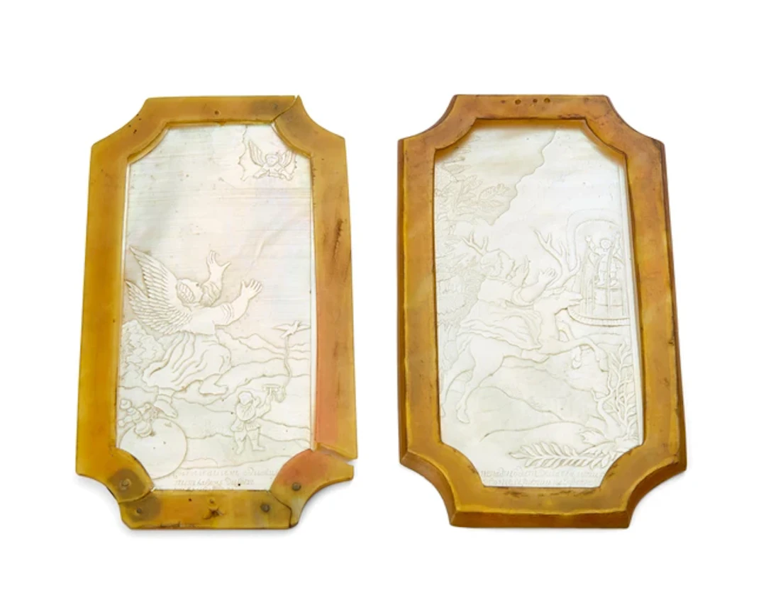A pair of rare Chinese mother-of-pearl 'Biblical subject'...