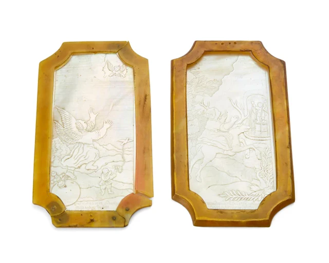 A pair of rare Chinese mother-of-pearl 'Biblical subject'...