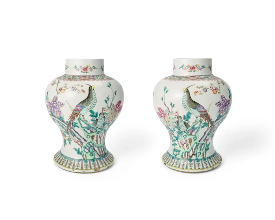 A pair of Chinese famille rose baluster jars Late Qing...