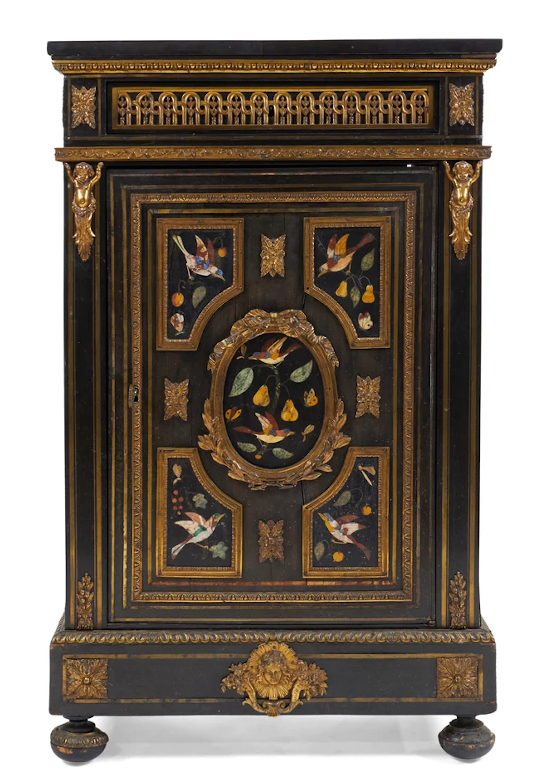 A Victorian gilt-bronze mounted pietra dura and ebonised cabinet