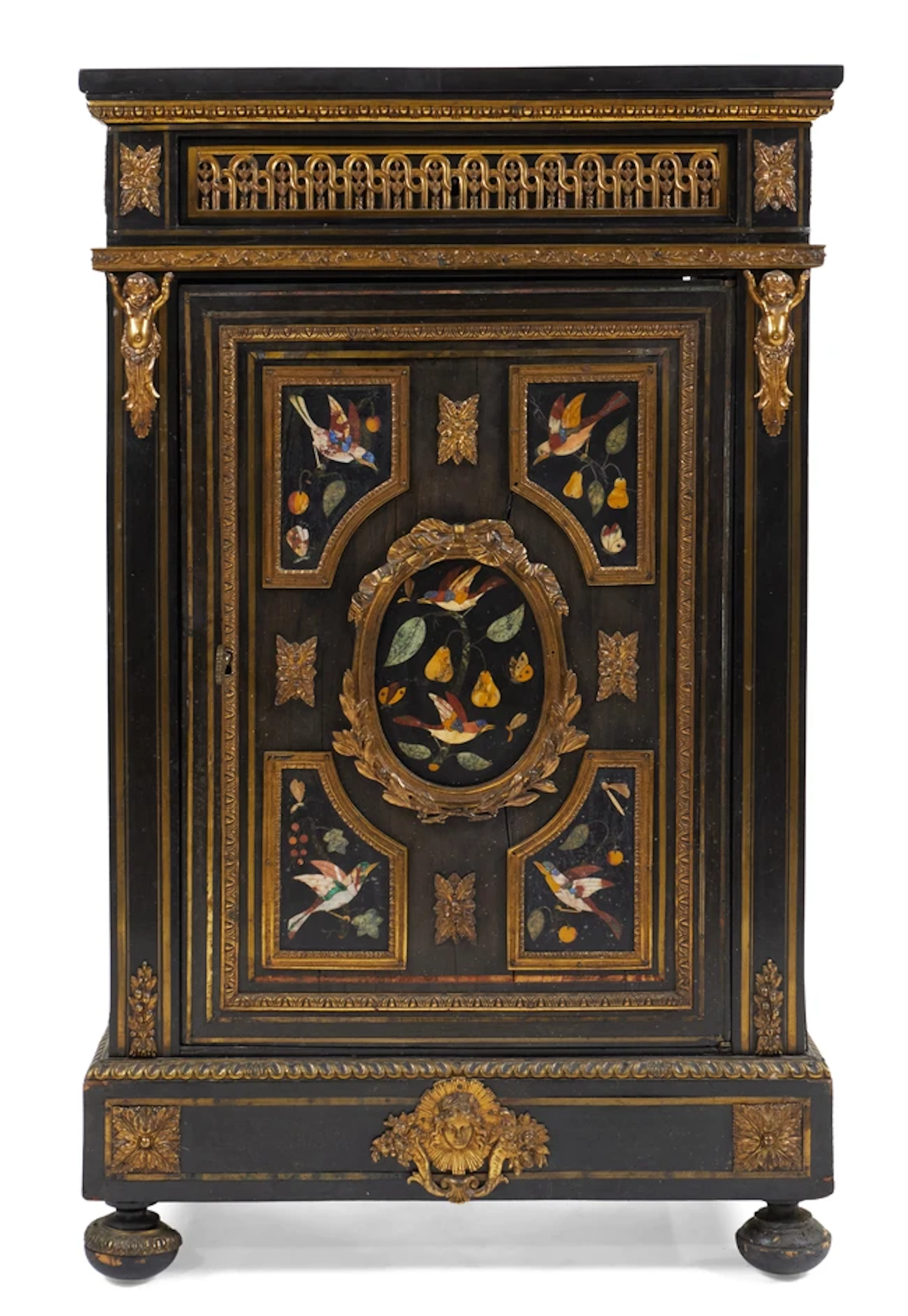A Victorian gilt-bronze mounted pietra dura and ebonised cabinet