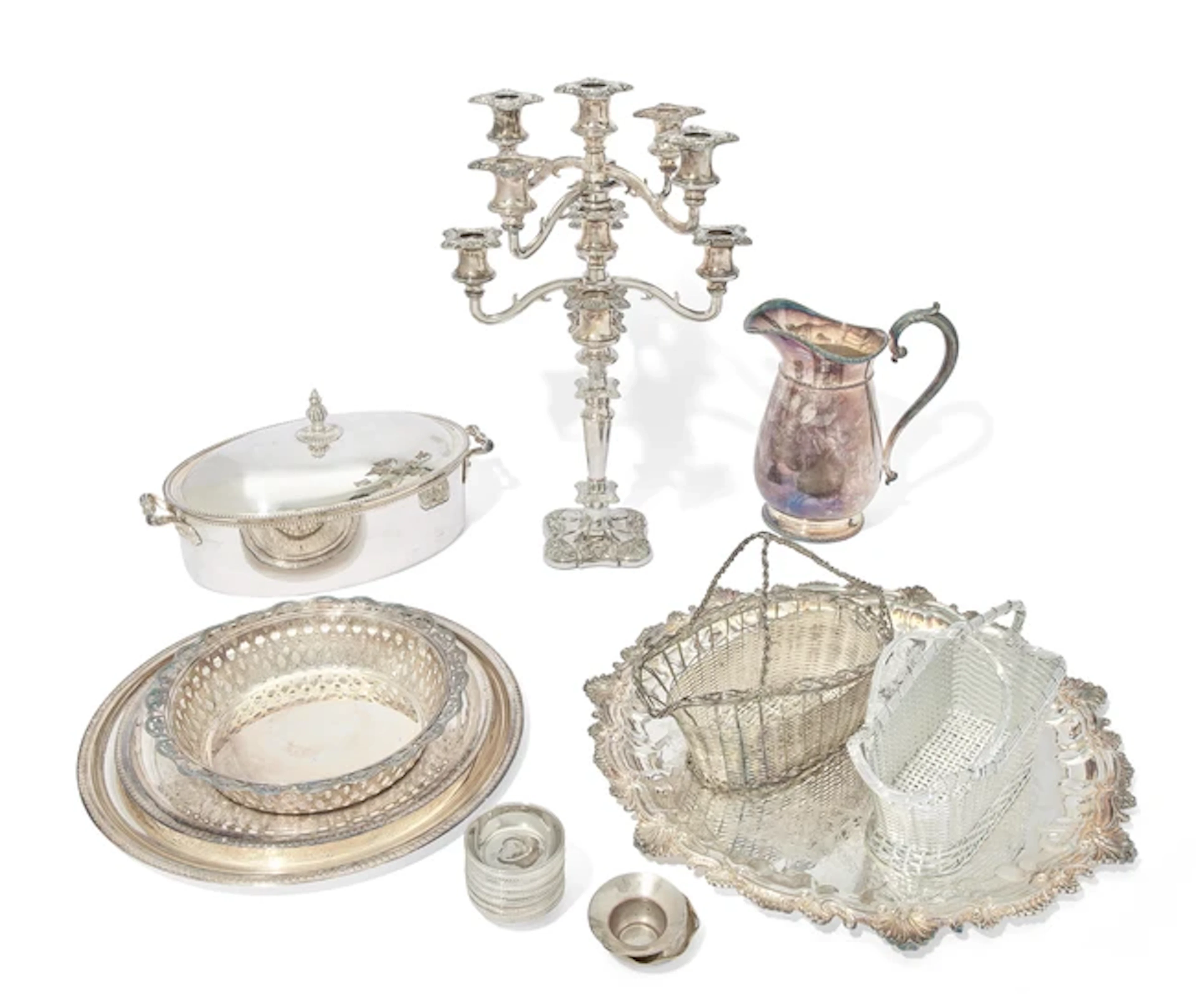 A group of silver-plated items