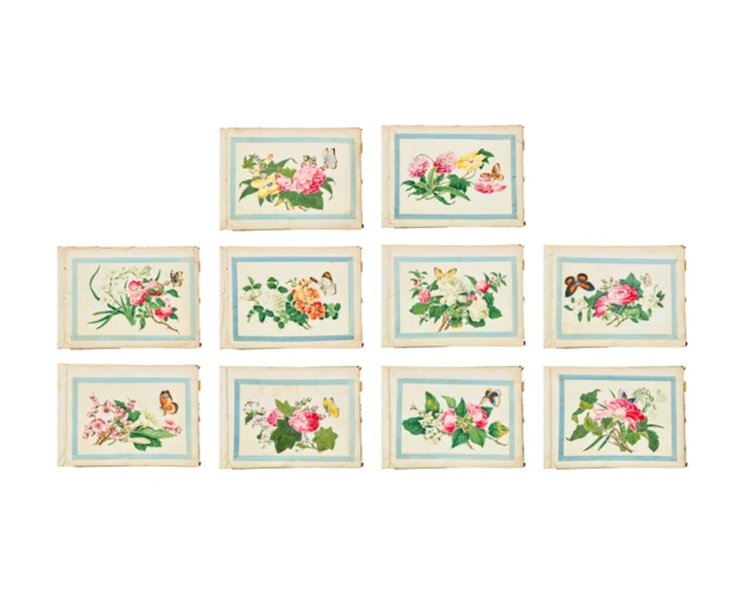 Sunqua (1830-1870) Flowers and butterflies Gouache on pith paper