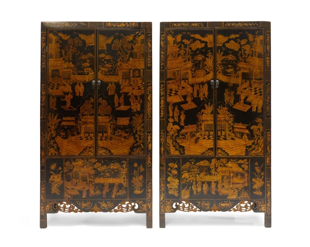 A pair of Chinese black lacquered cabinets
