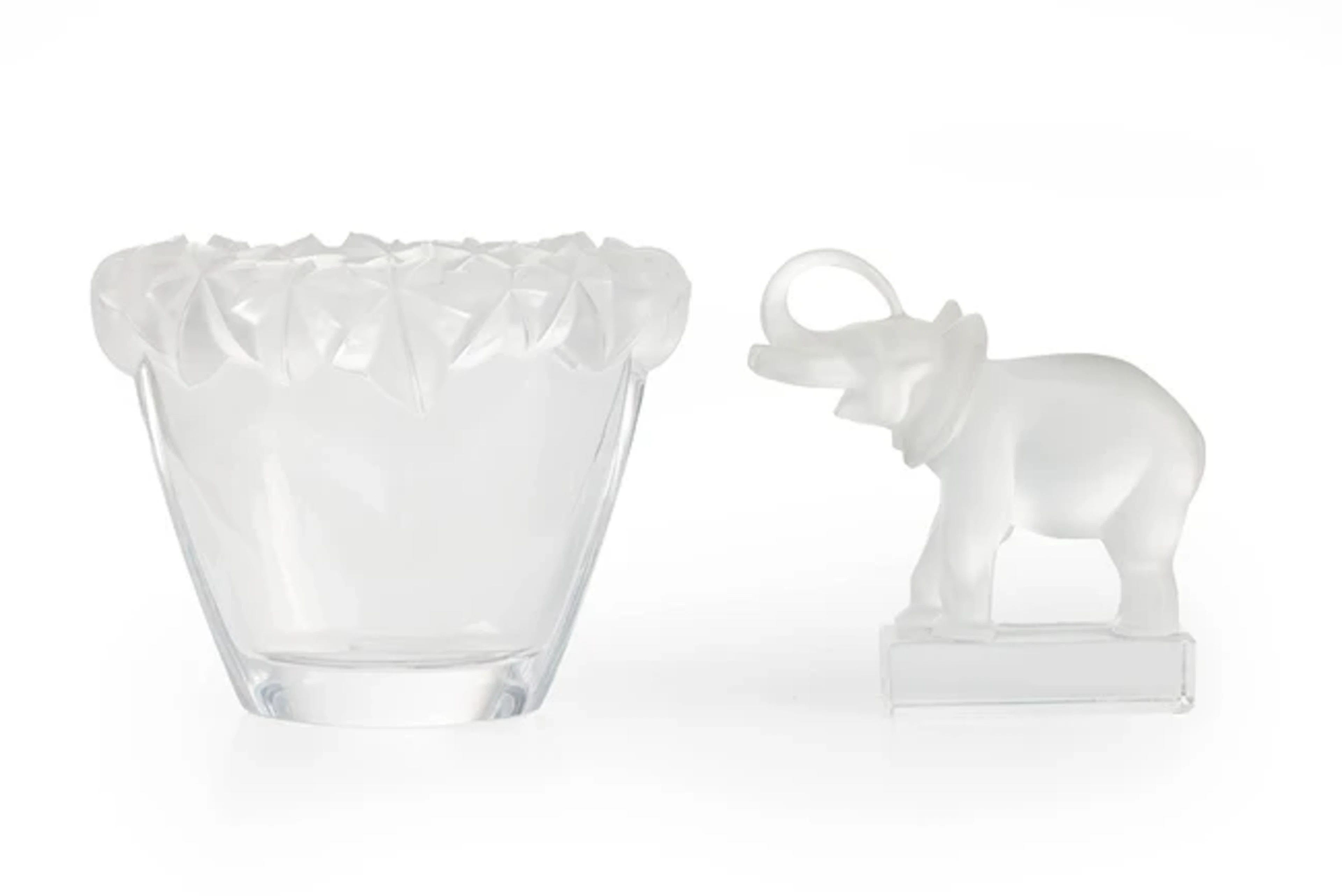 Sevres Tapered vase with foliate rim and a Lalique model of an elephant