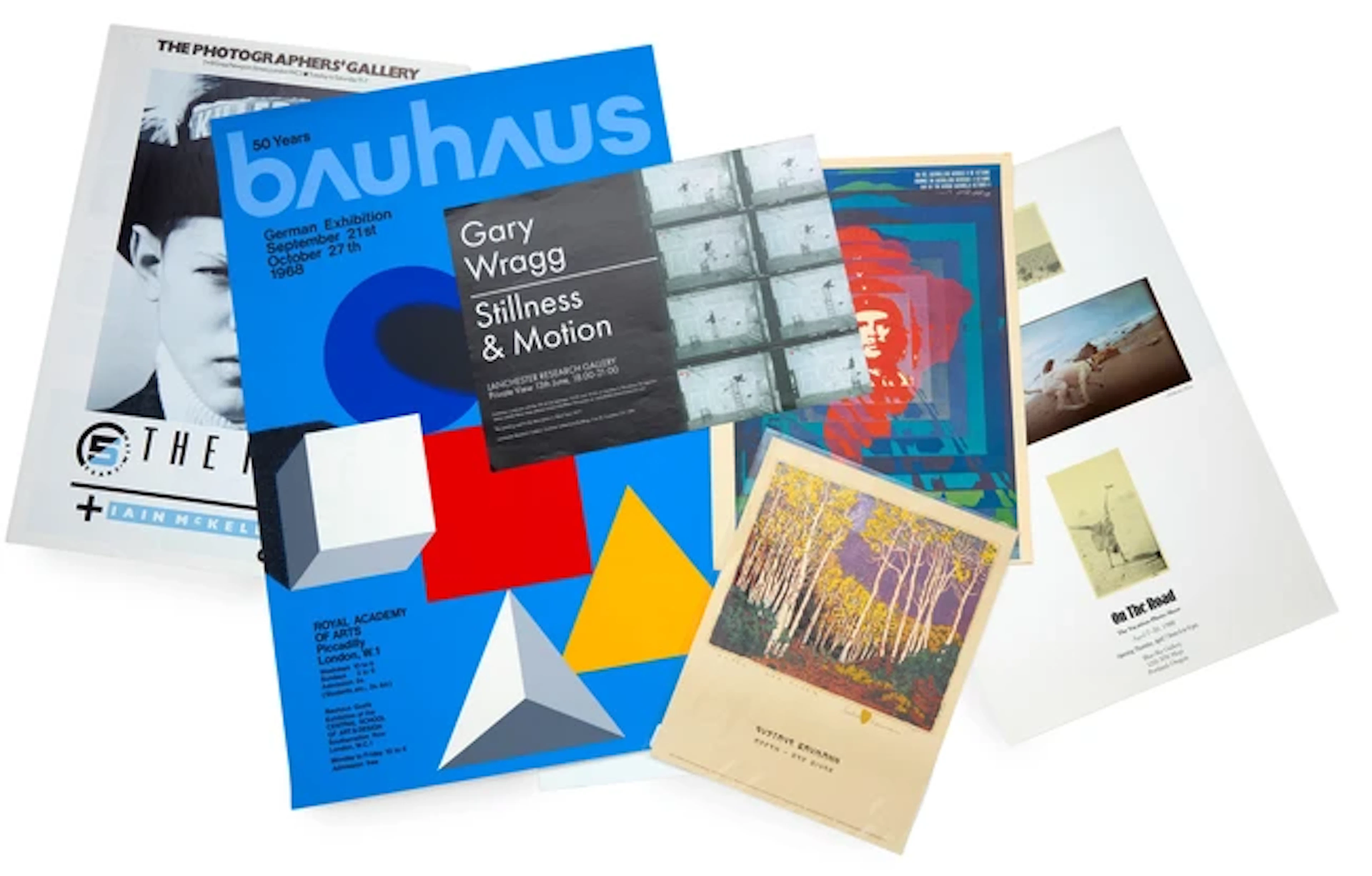 A collection of printed posters including '50 Years: Bauhaus'