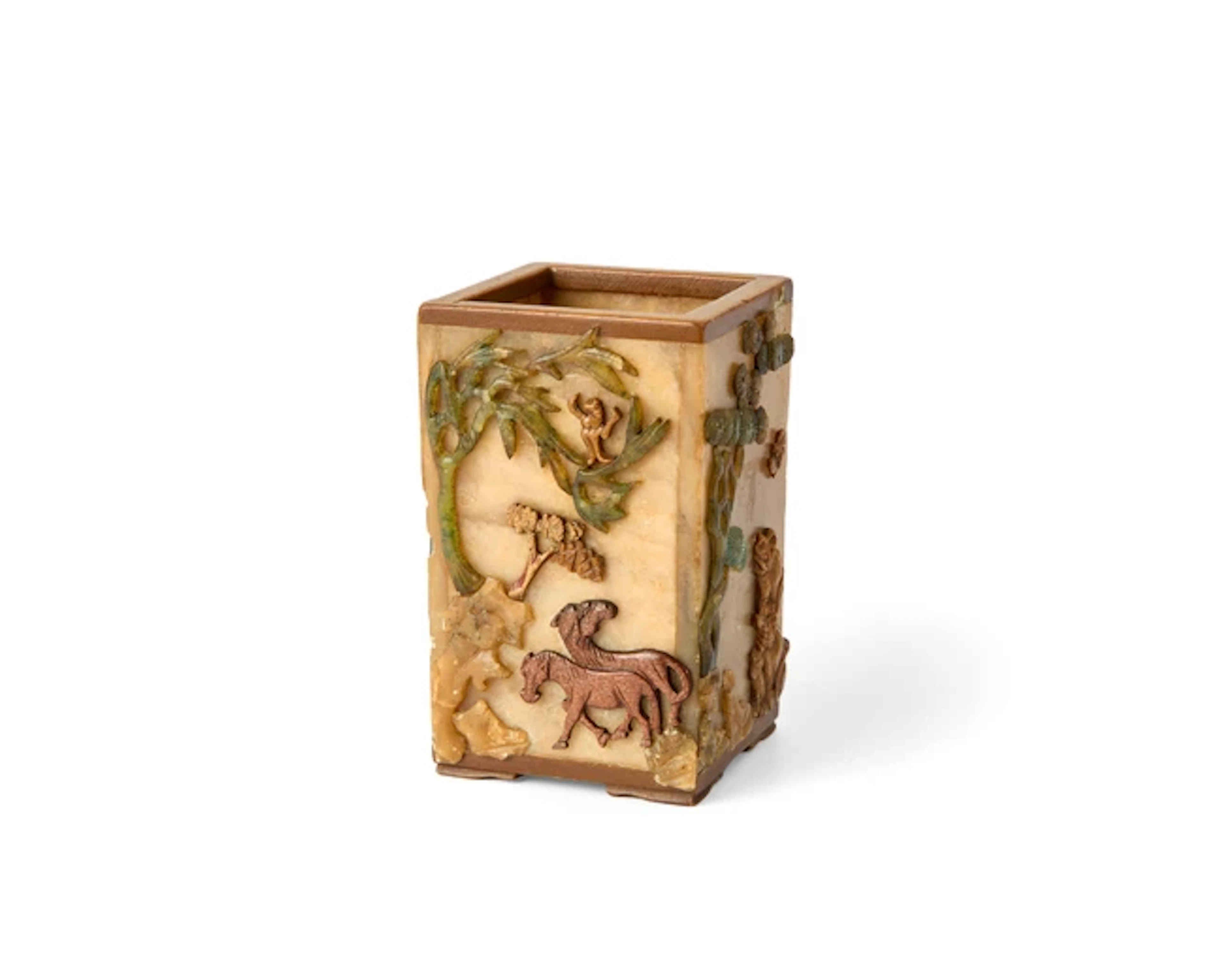 A Chinese soapstone and hardstone set square brush pot Qing dynasty