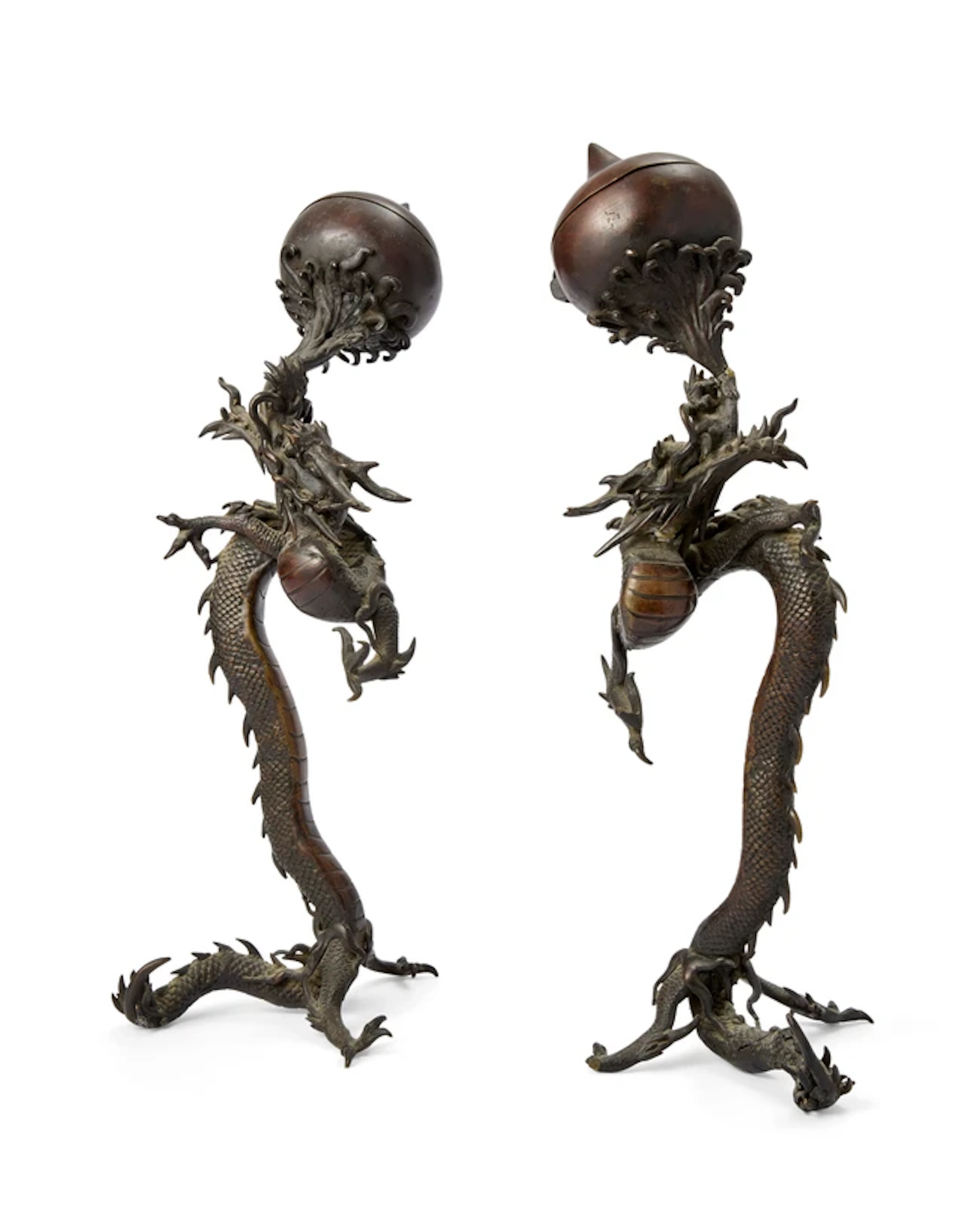 A pair of Japanese bronze 'Dragon' incense burners Meiji...