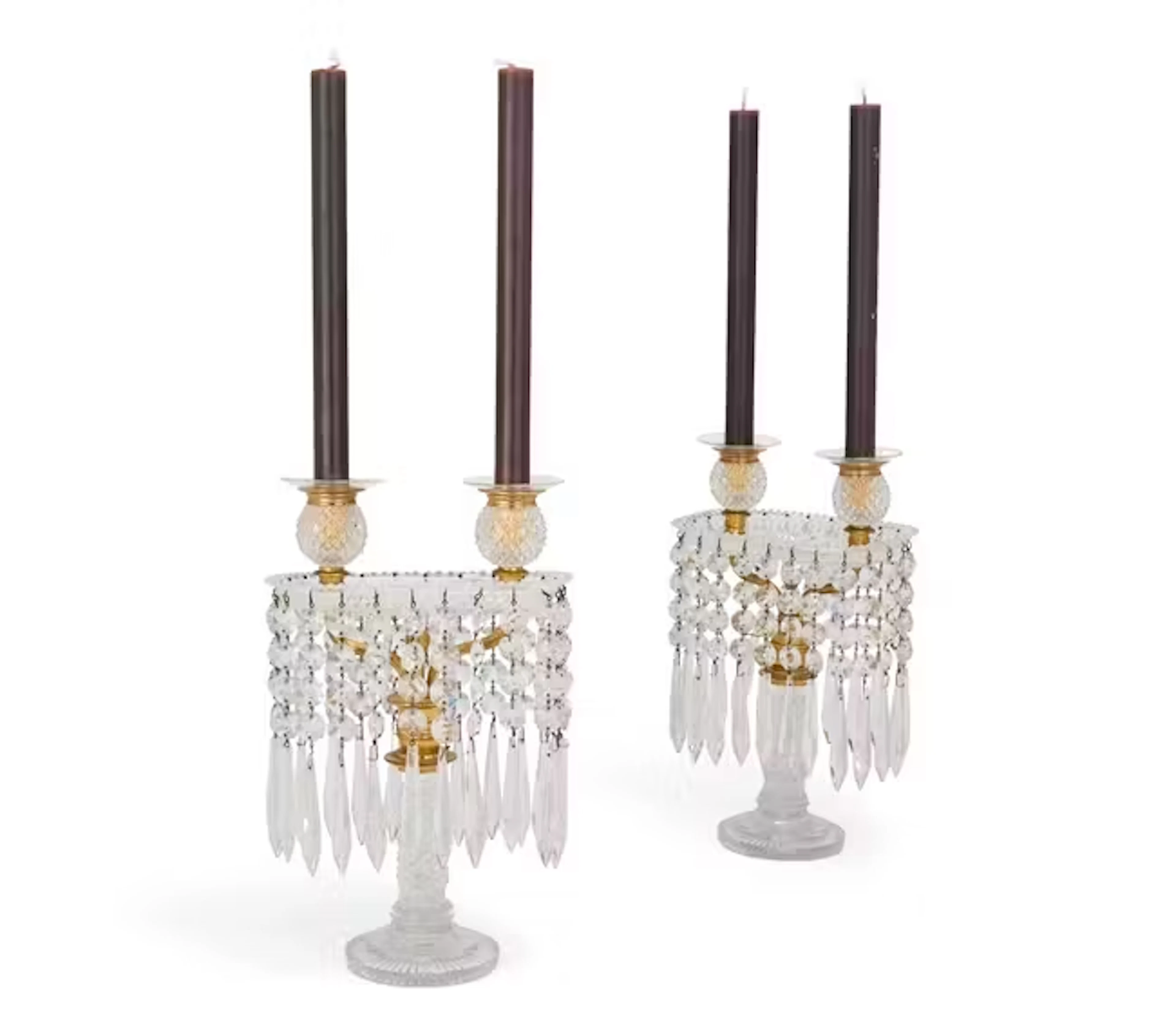 A pair of Regency cut-glass twin-light lustre candelabra