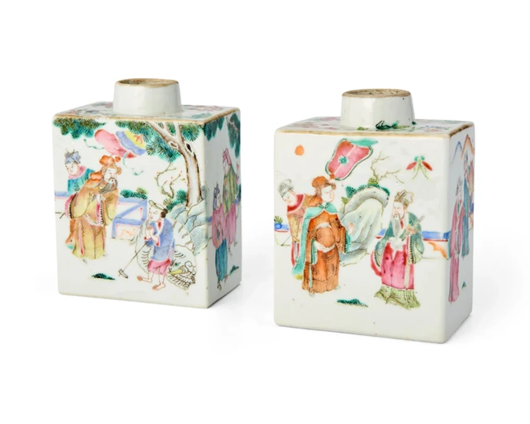 A pair of Chinese famille rose figurative tea caddies Qing dynasty