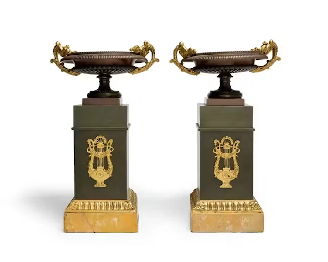 A pair of Napoleon III gilt and patinated bronze tazza