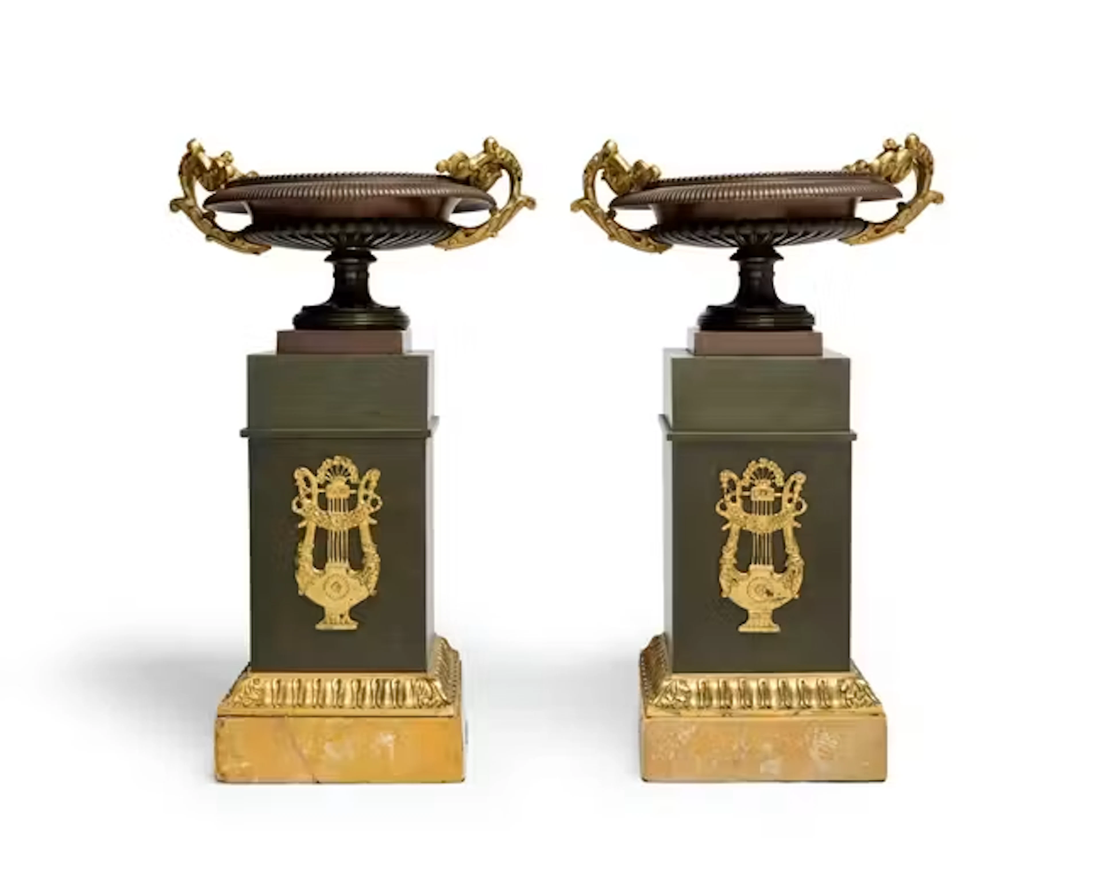 A pair of Napoleon III gilt and patinated bronze tazza