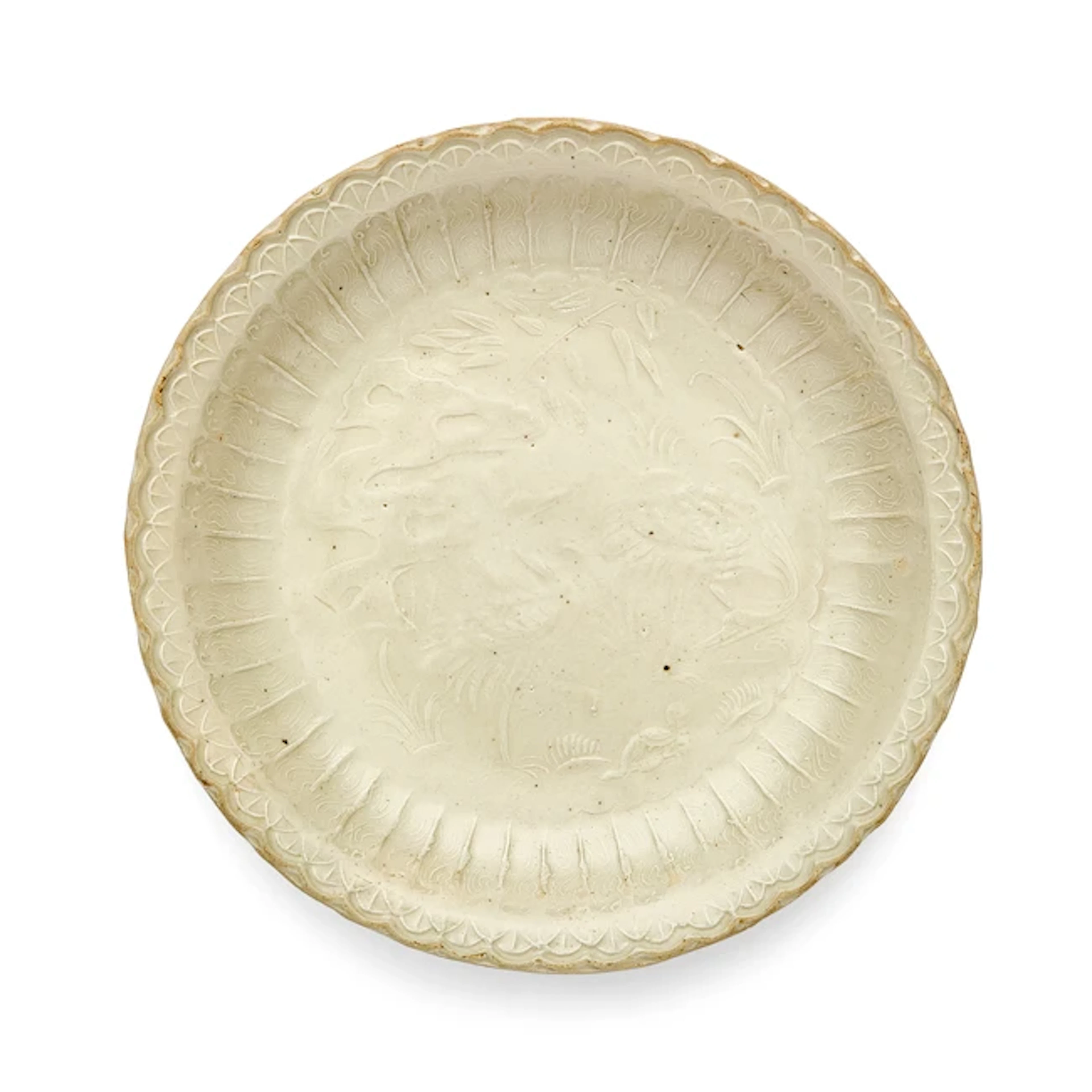 A rare Chinese Ding moulded 'cranes and tortoise' dish Jin dynasty