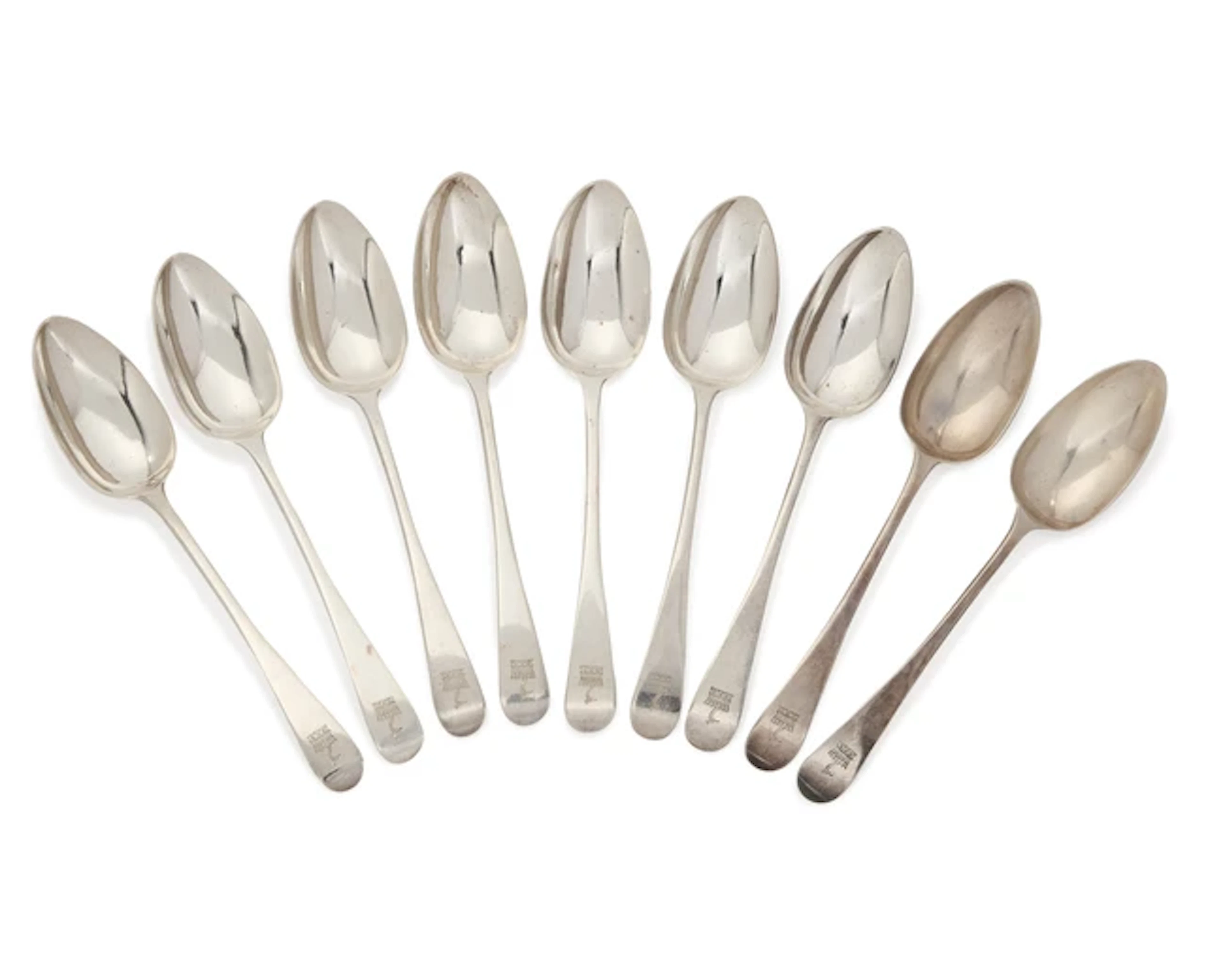 A set of nine Irish silver dessert spoons